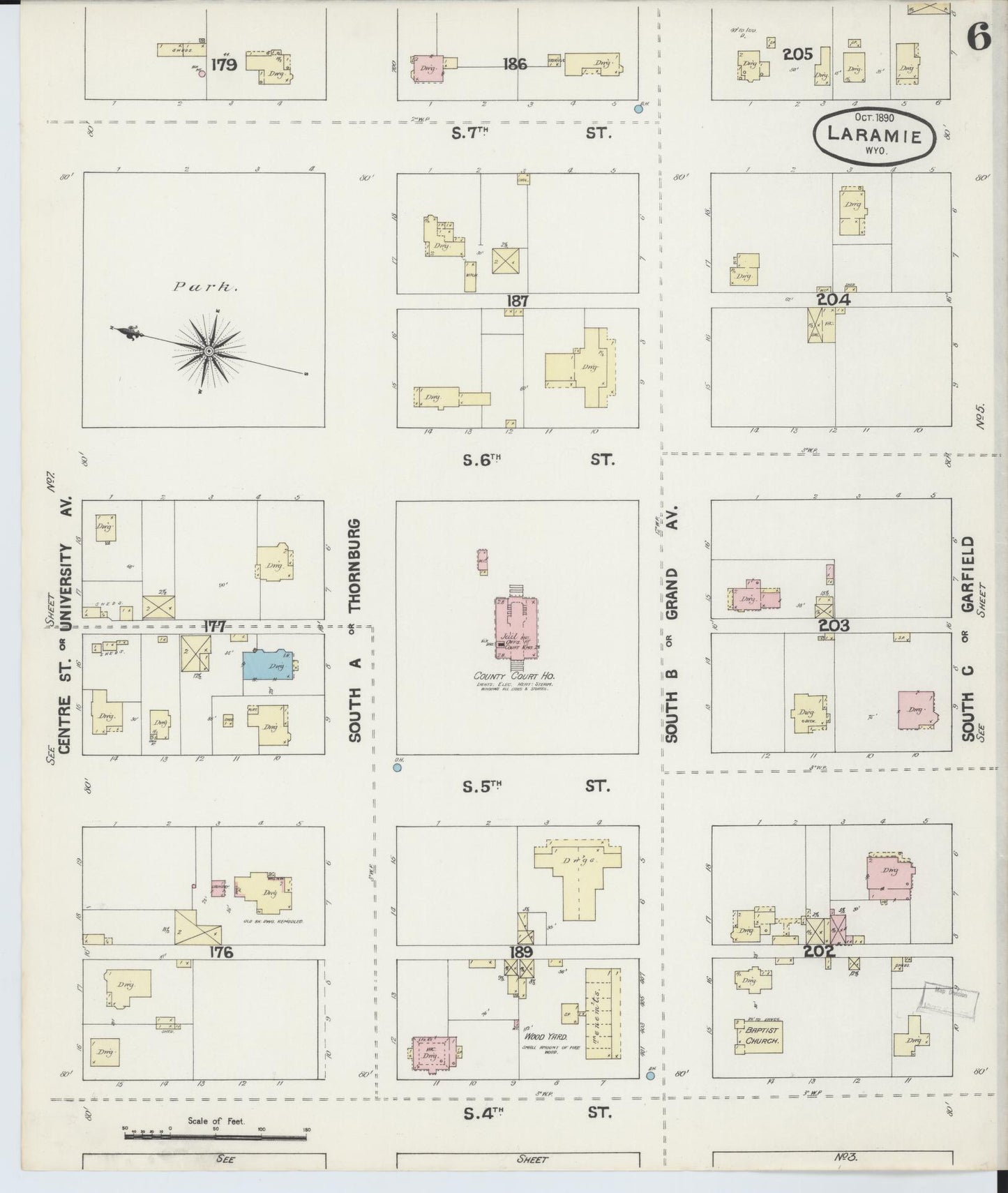 Sanborn Fire Insurance Map from Laramie, Albany County, Wyoming (1890), Sheet #0006 - Historic Sanborn Fire Insurance Map Print, vintage old map wall art, antique decor, genealogy gift, Wyoming Wyoming map