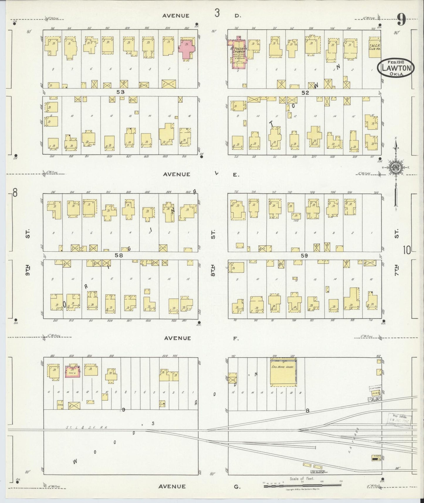 Sanborn Fire Insurance Map from Lawton, Comanche County, Oklahoma (1918), Sheet #0009 - Historic Sanborn Fire Insurance Map Print, vintage old map wall art, antique decor, genealogy gift, Oklahoma Oklahoma map