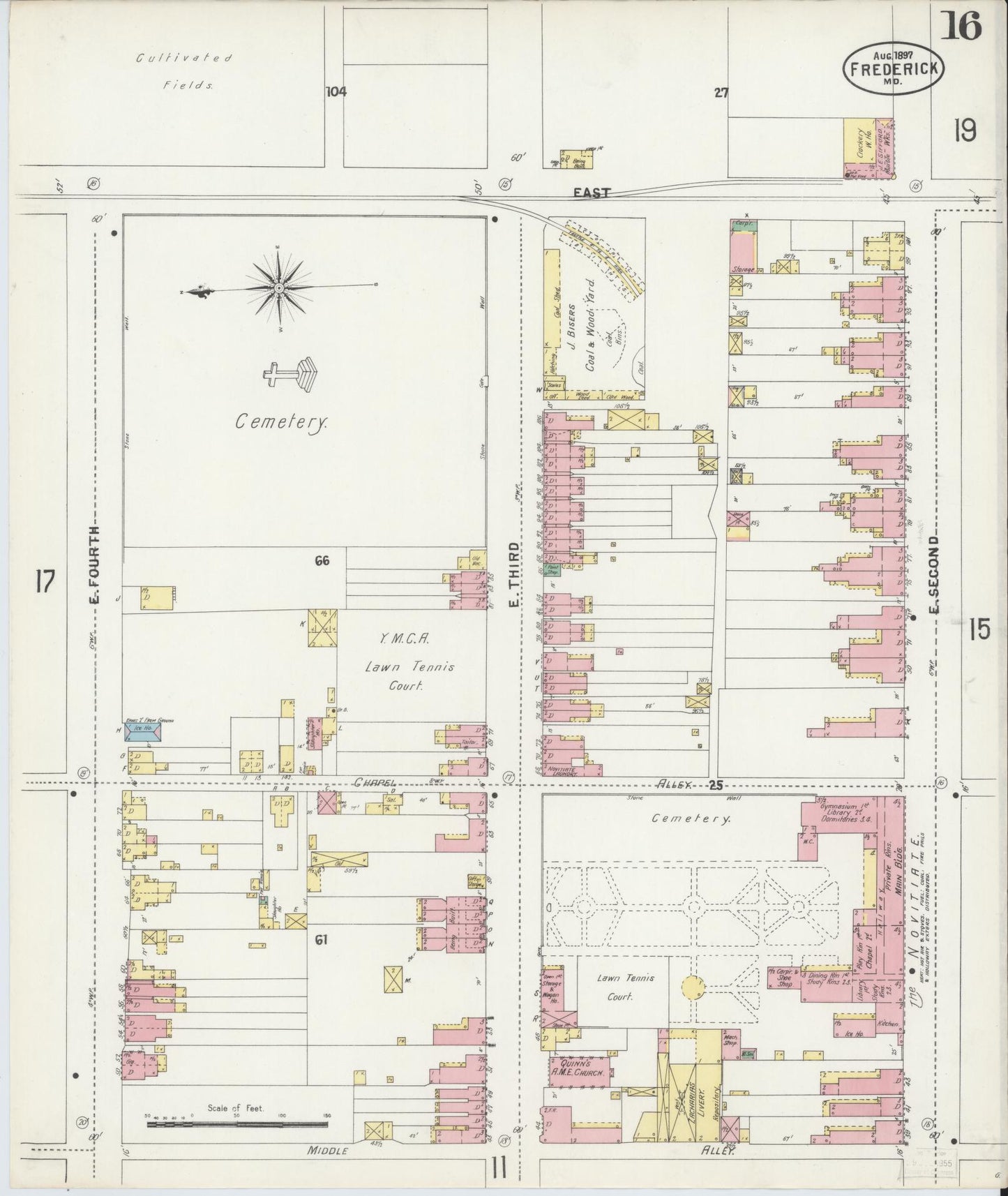 Frederick, Maryland - 1897 - Sanborn Fire Insurance Map, Sheet #0016 - Historic Sanborn Fire Insurance Map Print, Frederick Maryland 1897 0016 vintage old map wall art