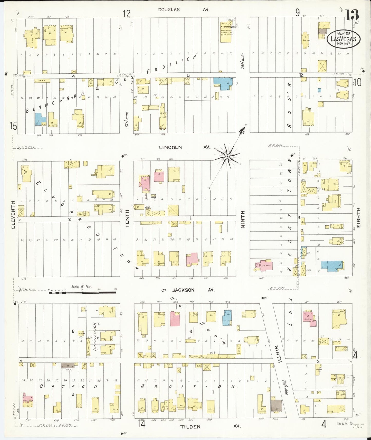 Sanborn Fire Insurance Map from Las Vegas, San Miguel County, New Mexico (1908), Sheet #0013 - Historic Sanborn Fire Insurance Map Print, vintage old map wall art, antique decor, genealogy gift, New Mexico New Mexico map