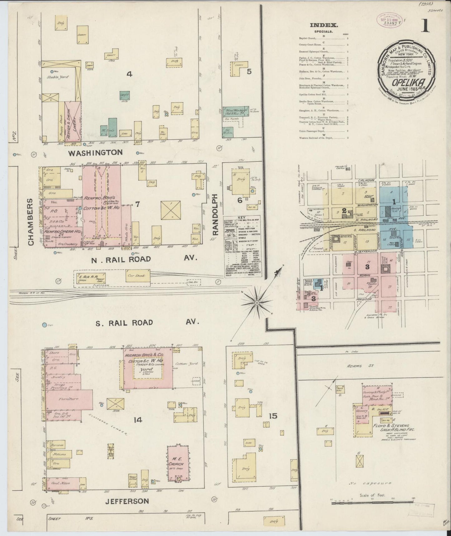Sanborn Fire Insurance Map from Opelika, Lee County, Alabama (1888), Sheet #0001 - Historic Sanborn Fire Insurance Map Print, vintage old map wall art, antique decor, genealogy gift, Alabama Alabama map
