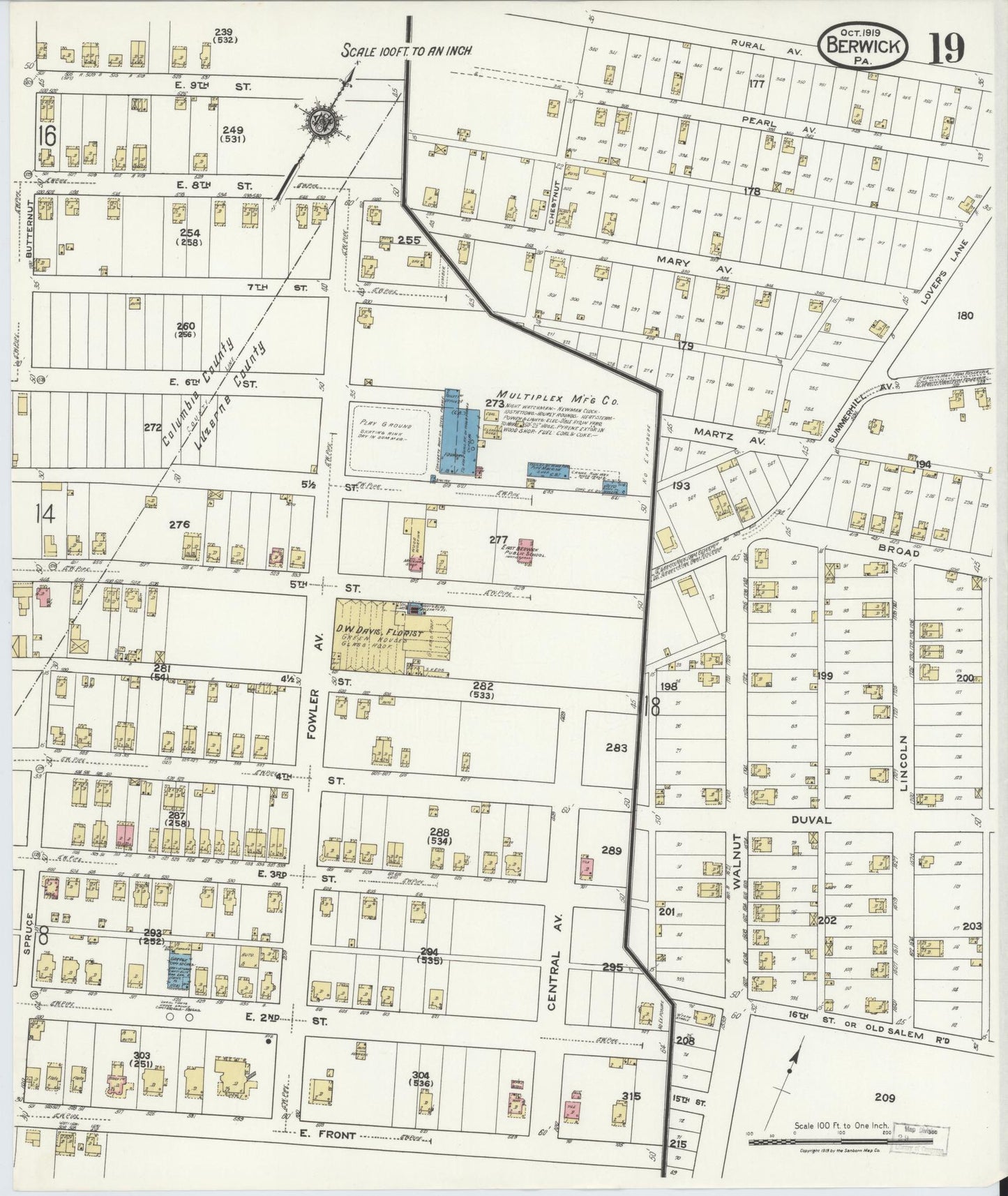 Sanborn Fire Insurance Map from Berwick, Columbia County, Pennsylvania (1918), Sheet #0019 - Historic Sanborn Fire Insurance Map Print, vintage old map wall art, antique decor, genealogy gift, Pennsylvania Pennsylvania map