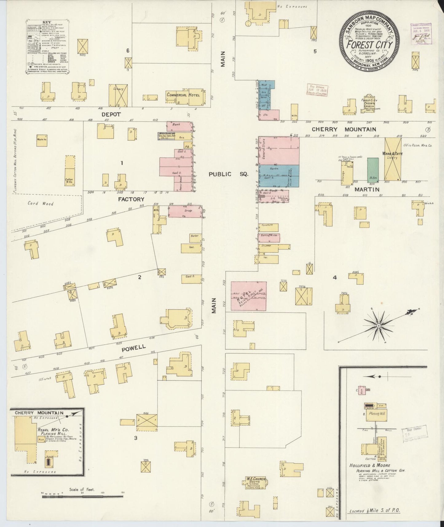 Sanborn Fire Insurance Map from Forest City, Rutherford County, North Carolina (1908), Sheet #0001 - Historic Sanborn Fire Insurance Map Print, vintage old map wall art, antique decor, genealogy gift, North Carolina North Carolina map