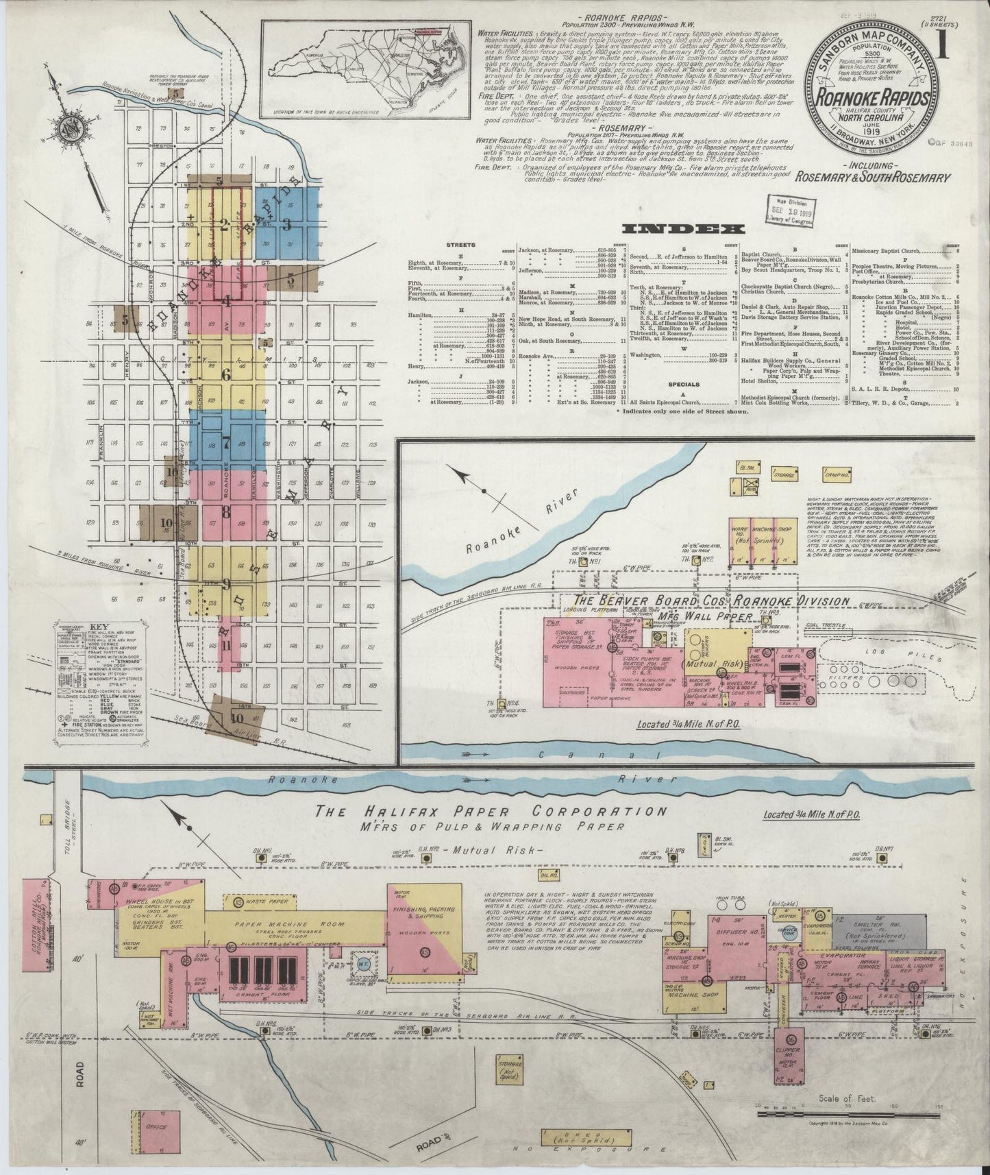 Sanborn Fire Insurance Map from Roanoke Rapids, Halifax County, North Carolina (1919), Sheet #0001 - Historic Sanborn Fire Insurance Map Print, vintage old map wall art, antique decor, genealogy gift, North Carolina North Carolina map