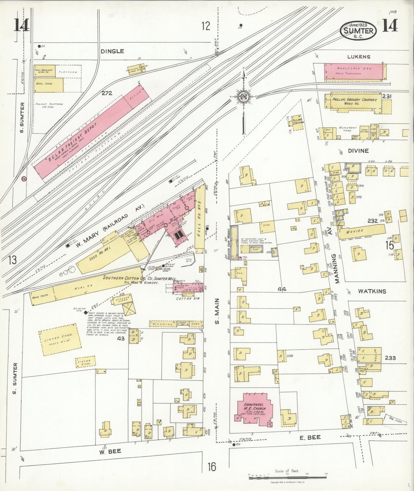 Sanborn Fire Insurance Map from Sumter, Sumter County, South Carolina (1923), Sheet #0014 - Historic Sanborn Fire Insurance Map Print, vintage old map wall art, antique decor, genealogy gift, South Carolina South Carolina map