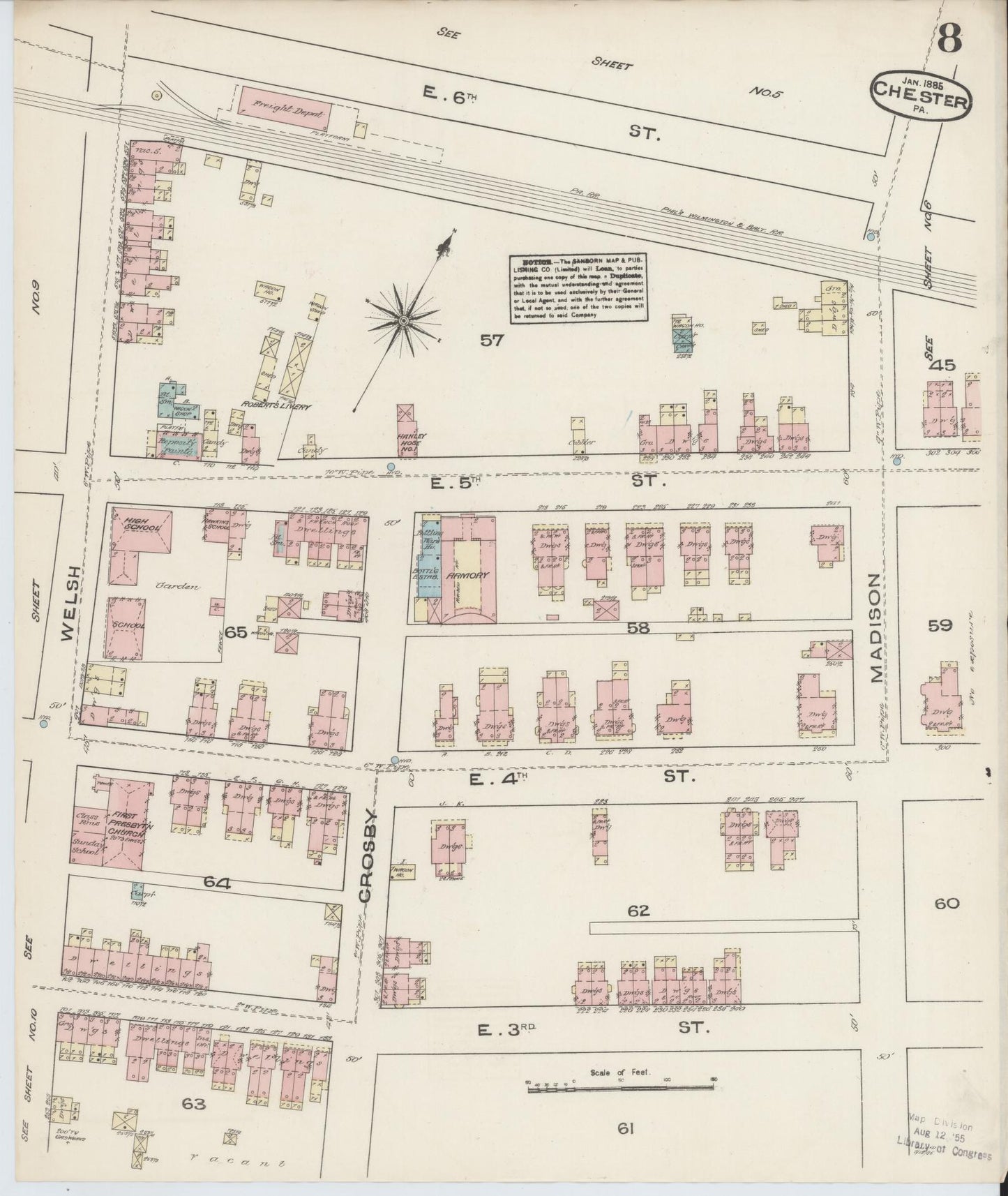 Sanborn Fire Insurance Map from Chester, Delaware County, Pennsylvania (1885), Sheet #0008 - Historic Sanborn Fire Insurance Map Print, vintage old map wall art, antique decor, genealogy gift, Pennsylvania Pennsylvania map