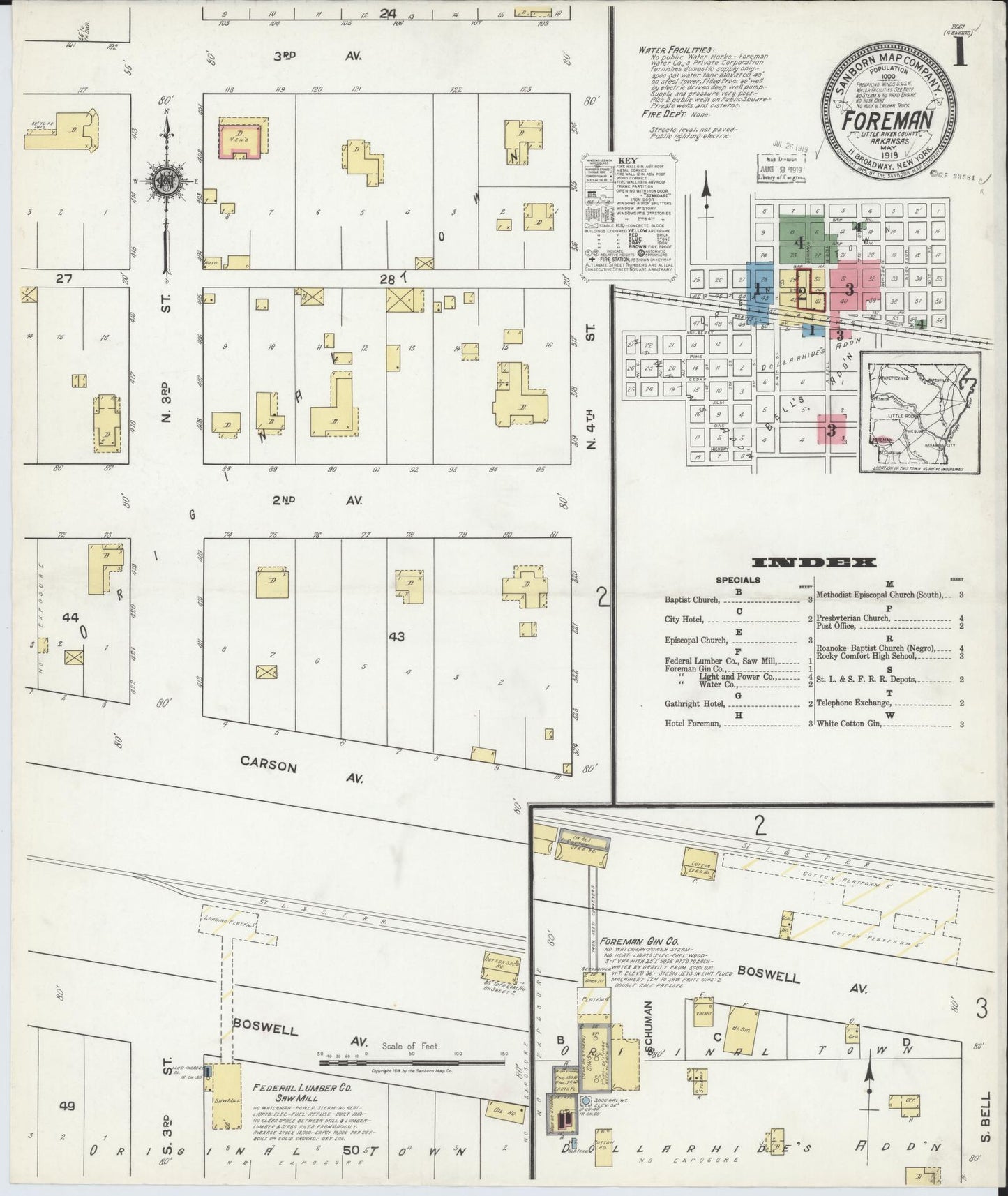 Sanborn Fire Insurance Map from Foreman, Little River County, Arkansas (1919), Sheet #0001 - Historic Sanborn Fire Insurance Map Print, vintage old map wall art, antique decor, genealogy gift, Arkansas Arkansas map