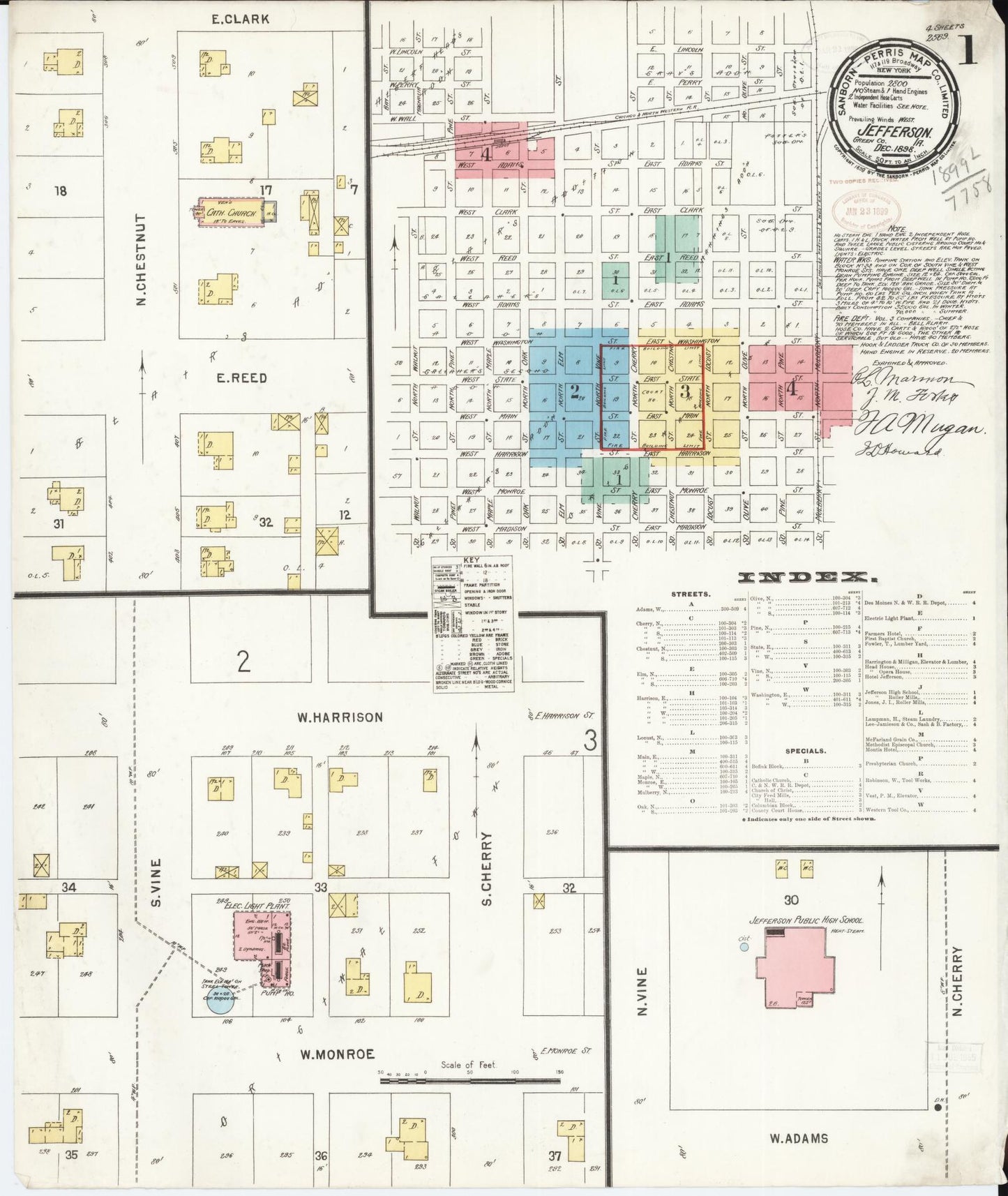 Sanborn Fire Insurance Map from Jefferson, Greene County, Iowa (1898), Sheet #0001 - Historic Sanborn Fire Insurance Map Print, vintage old map wall art