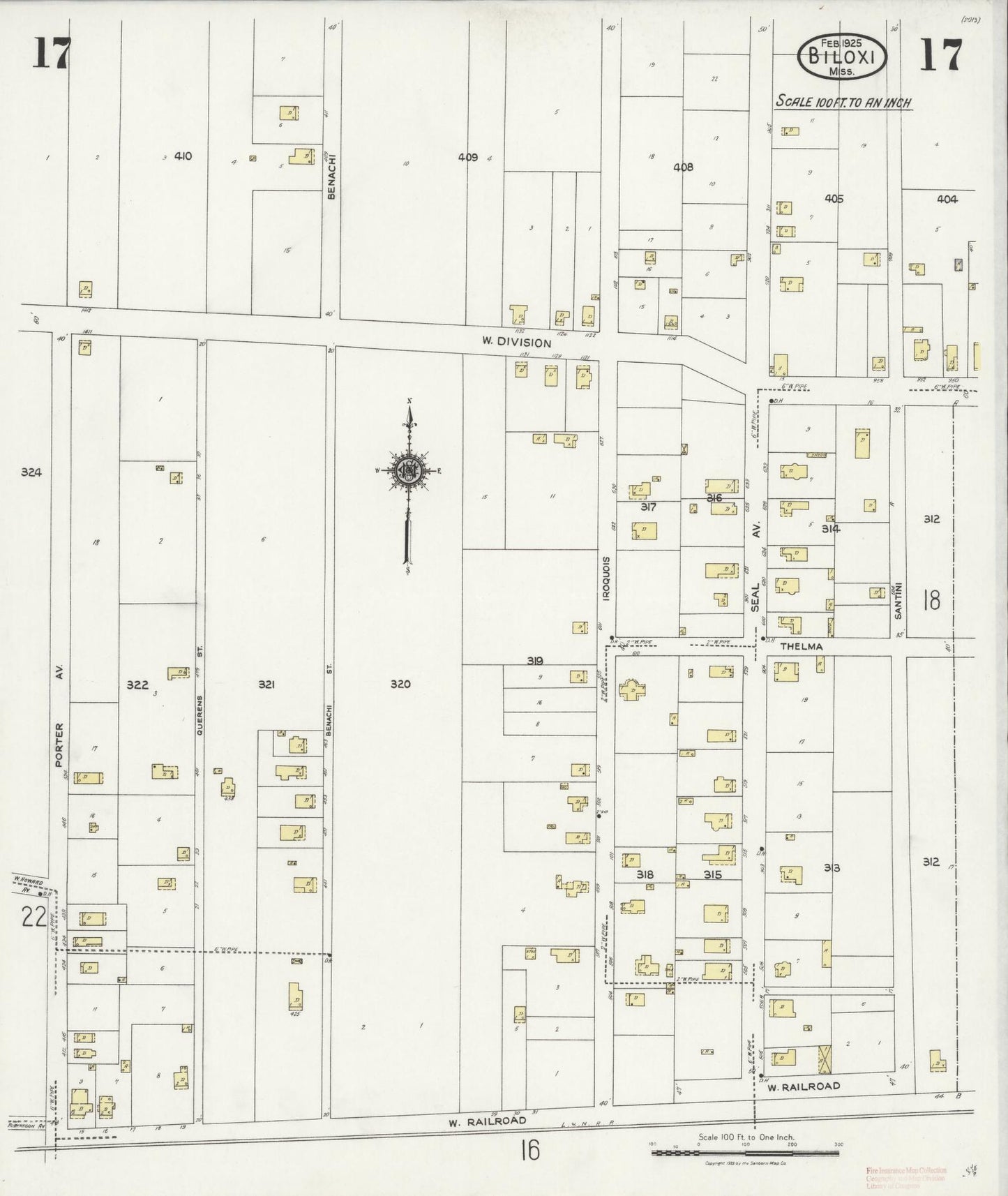Sanborn Fire Insurance Map from Biloxi, Harrison County, Mississippi (1925), Sheet #0017 - Historic Sanborn Fire Insurance Map Print, vintage old map wall art, antique decor, genealogy gift, Mississippi Mississippi map
