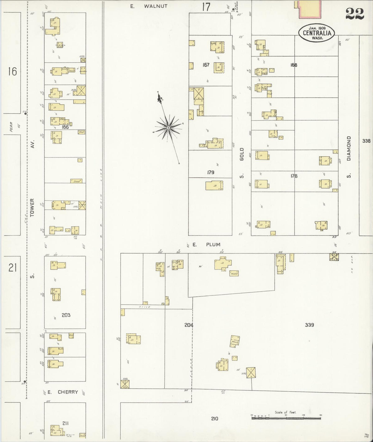 Sanborn Fire Insurance Map from Centralia, Lewis County, Washington (1909), Sheet #0022 - Historic Sanborn Fire Insurance Map Print, vintage old map wall art, antique decor, genealogy gift, Washington Washington map