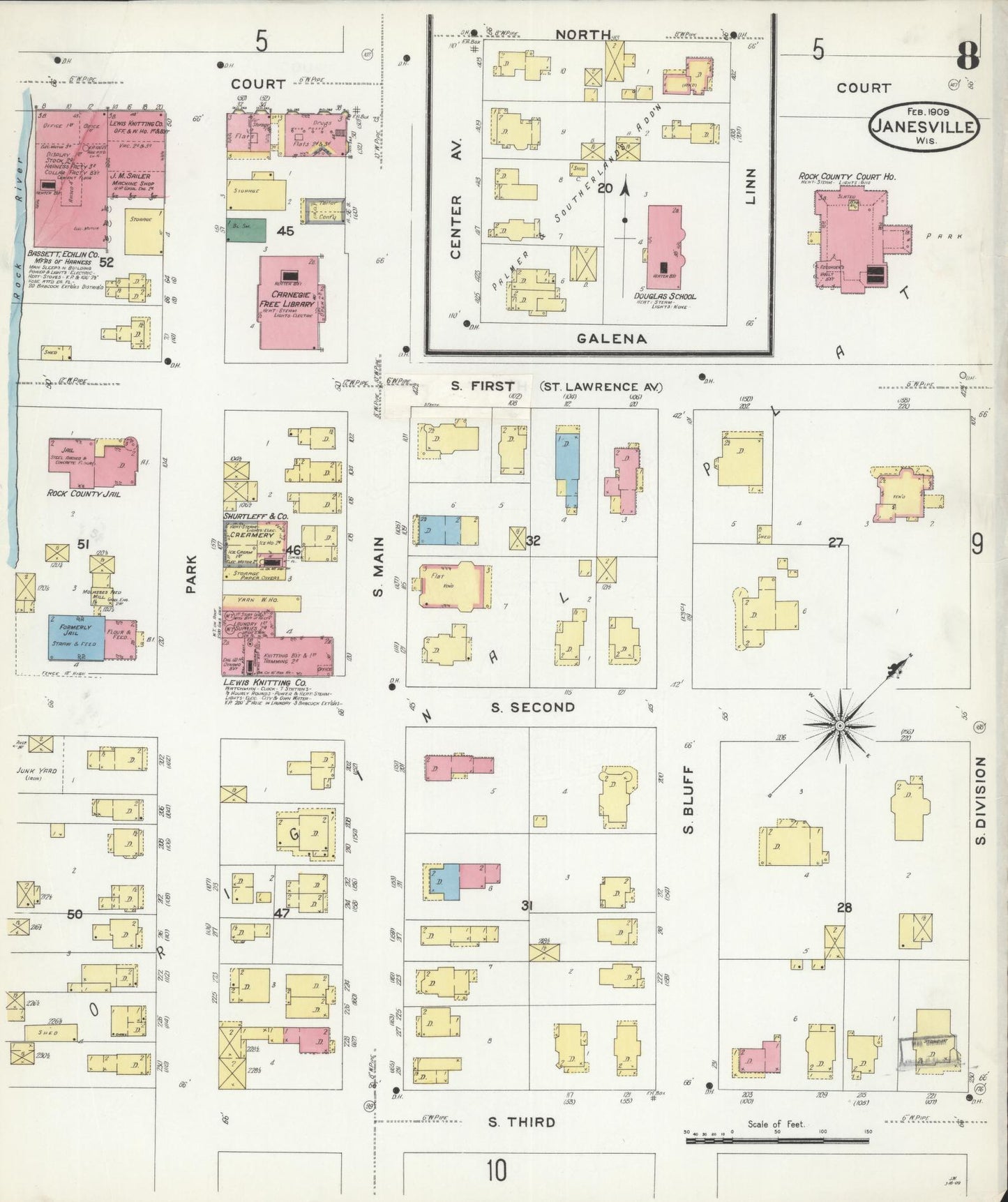 Sanborn Fire Insurance Map from Janesville, Rock County, Wisconsin (1909), Sheet #0008 - Historic Sanborn Fire Insurance Map Print, vintage old map wall art, antique decor, genealogy gift, Wisconsin Wisconsin map