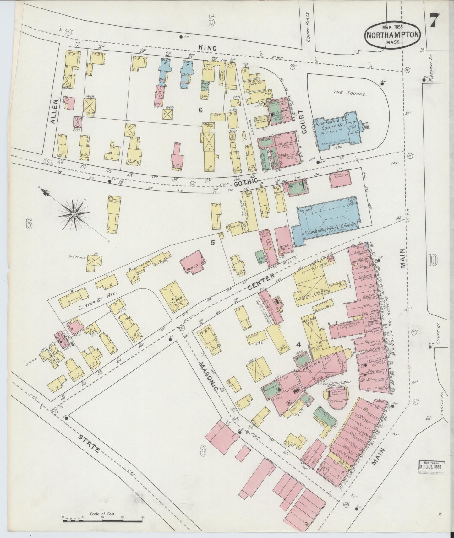 Sanborn Fire Insurance Map from Northampton, Hampshire County, Massachusetts (1895), Sheet #0007 - Historic Sanborn Fire Insurance Map Print, vintage old map wall art, antique decor, genealogy gift, Massachusetts Massachusetts map
