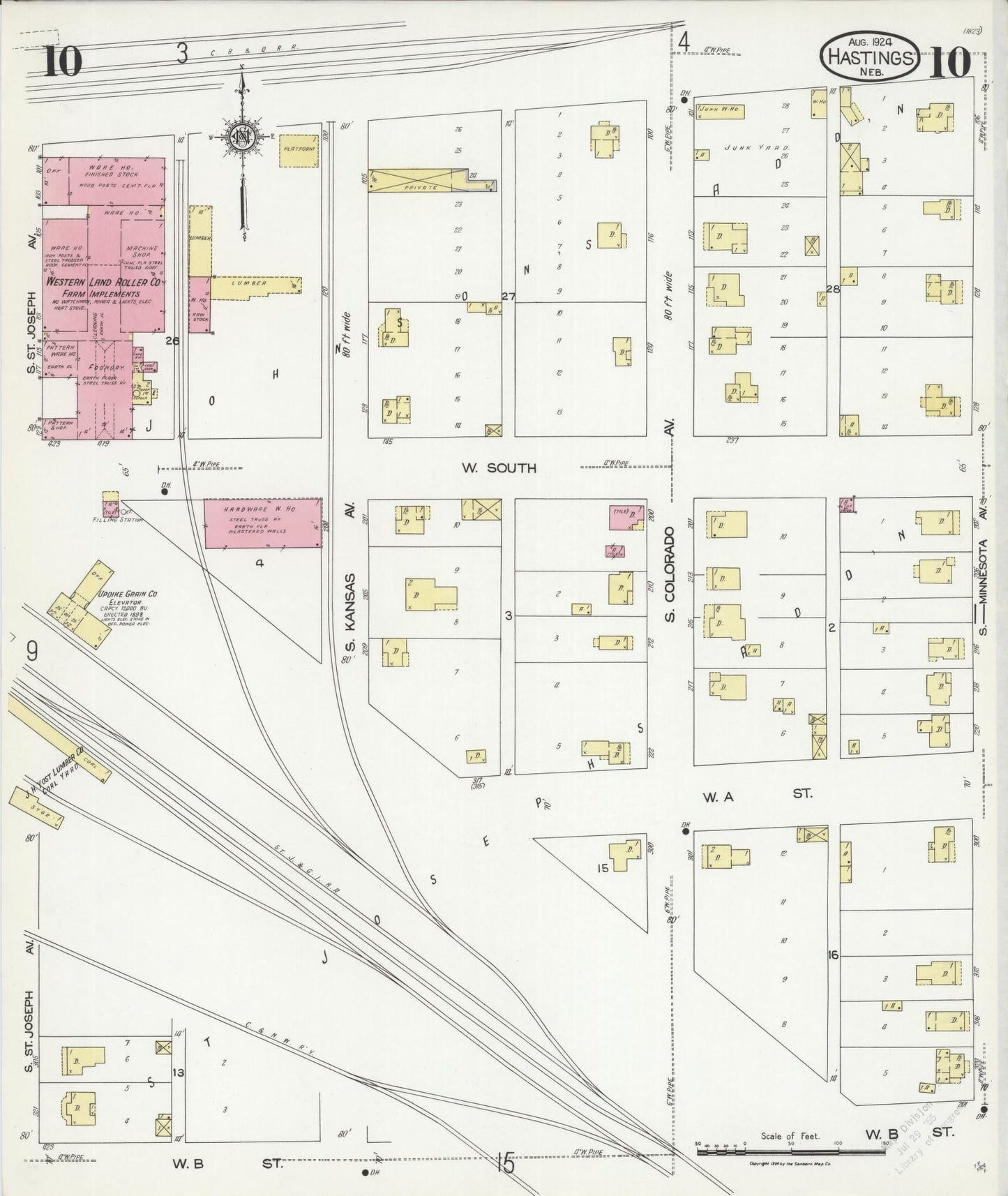 Sanborn Fire Insurance Map from Hastings, Adams County, Nebraska (1924), Sheet #0010 - Historic Sanborn Fire Insurance Map Print, vintage old map wall art, antique decor, genealogy gift, Nebraska Nebraska map