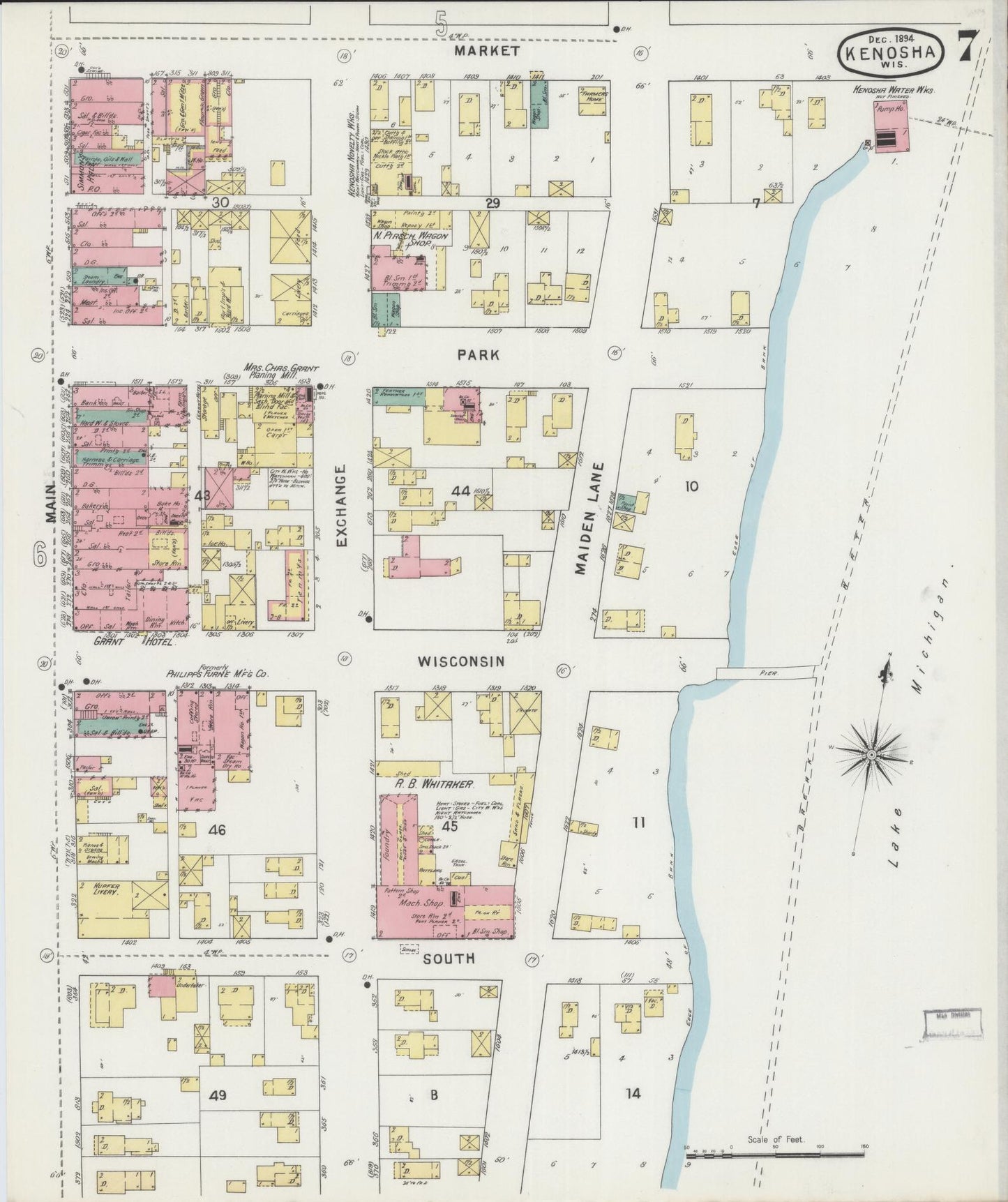 Sanborn Fire Insurance Map from Kenosha, Kenosha County, Wisconsin (1894), Sheet #0007 - Historic Sanborn Fire Insurance Map Print, vintage old map wall art, antique decor, genealogy gift, Wisconsin Wisconsin map