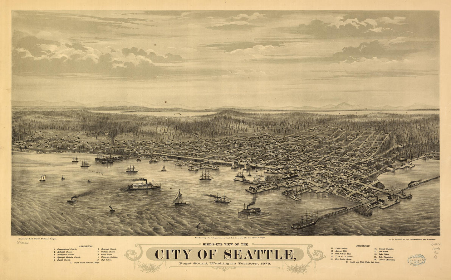 Bird's eye view of the city of Seattle, Puget Sound, Washington Territory, 1878. (1878) – Historic Bird’s-Eye View Panorama Print