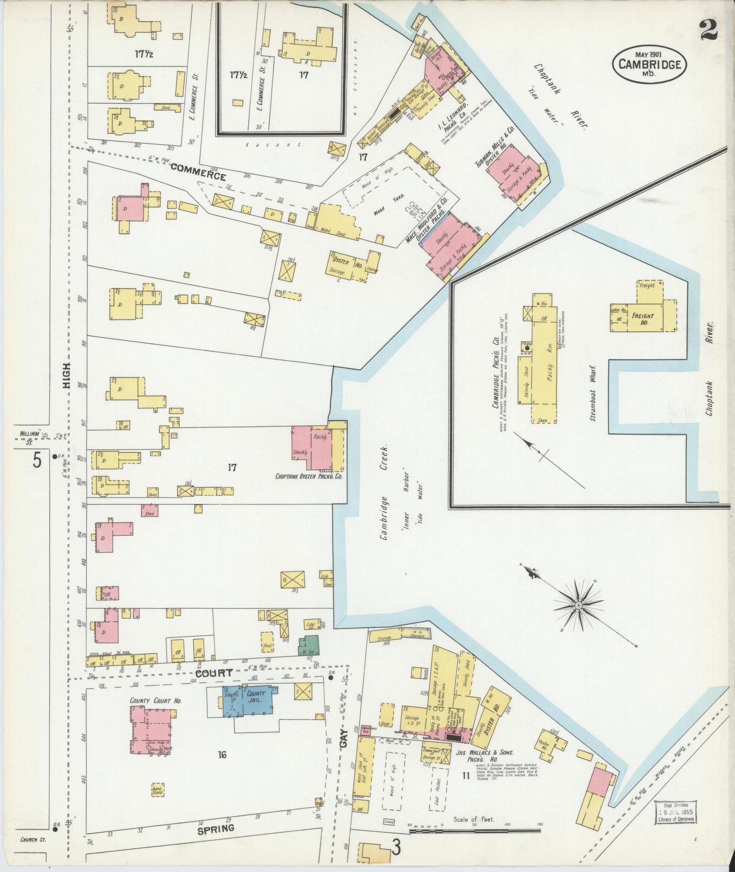 Dorchester, Maryland - 1901 - Sanborn Fire Insurance Map, Sheet #0002 - Historic Sanborn Fire Insurance Map Print, Dorchester Maryland 1901 0002 vintage old map wall art