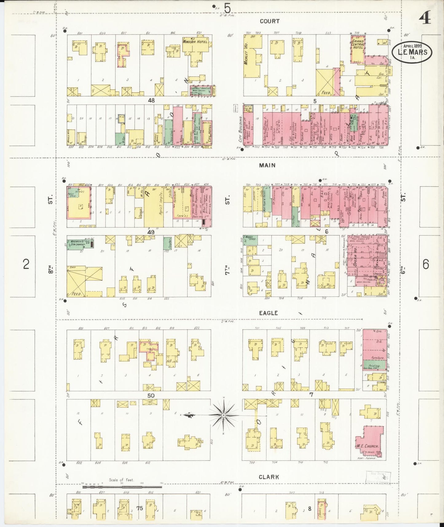 Sanborn Fire Insurance Map from Le Mars, Plymouth County, Iowa (1899), Sheet #0004 - Historic Sanborn Fire Insurance Map Print, vintage old map wall art