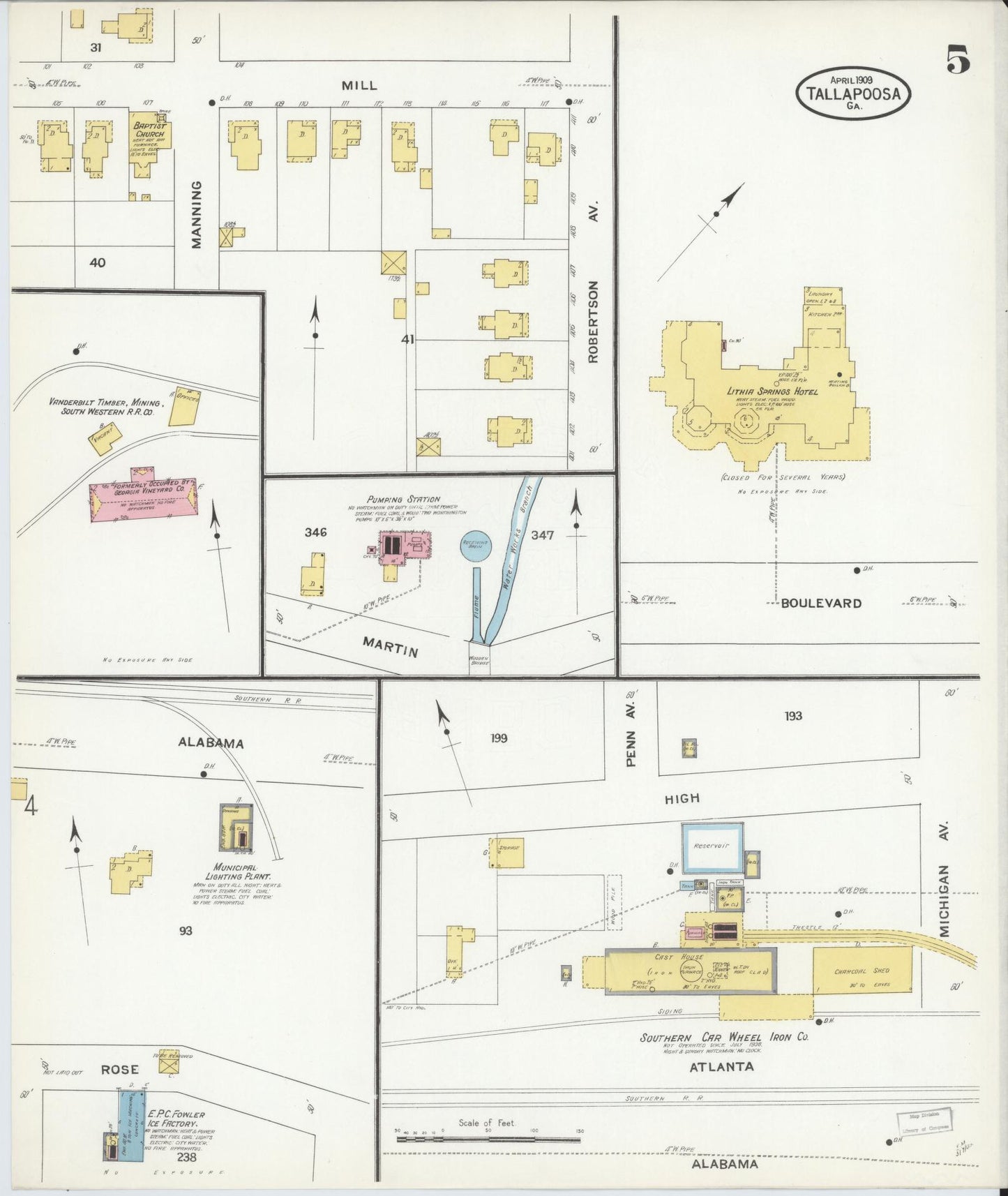 Sanborn Fire Insurance Map from Tallapoosa, Haralson County, Georgia (1909), Sheet #0005 - Complete Map Set gallery image, historic Sanborn map, vintage wall art, Georgia Georgia