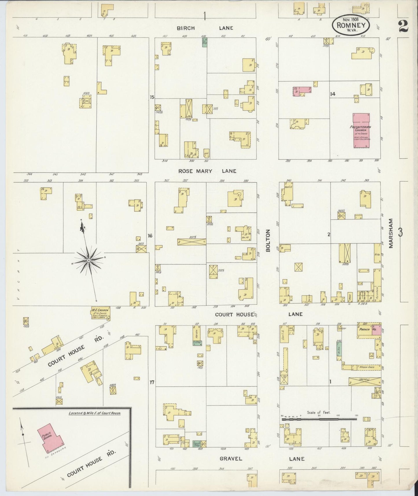 Sanborn Fire Insurance Map from Romney, Hampshire County, West Virginia (1908), Sheet #0002 - Historic Sanborn Fire Insurance Map Print, vintage old map wall art, antique decor, genealogy gift, West Virginia West Virginia map