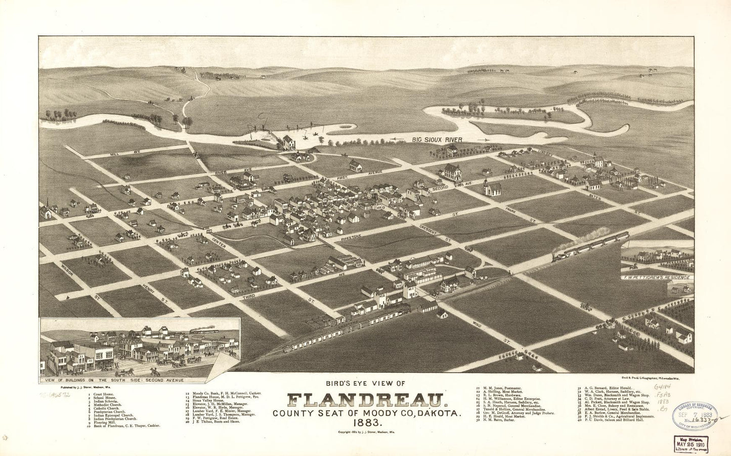 Bird's eye view of Flandreau, county seat of Moody Co., Dakota 1883. (1883) – Historic Bird’s-Eye View Panorama Print