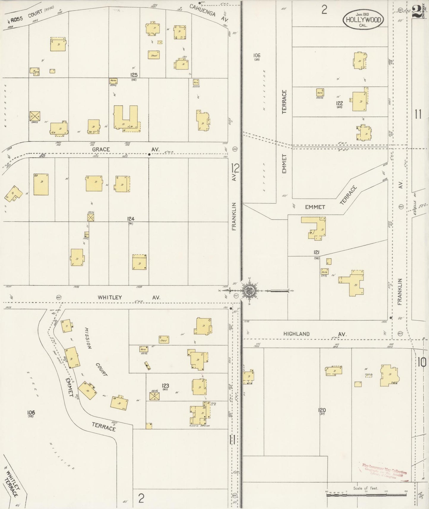 Sanborn Fire Insurance Map from Hollywood, Los Angeles County, California (1913), Sheet #0002 - Historic Sanborn Fire Insurance Map Print, vintage old map wall art, antique decor, genealogy gift, California California map