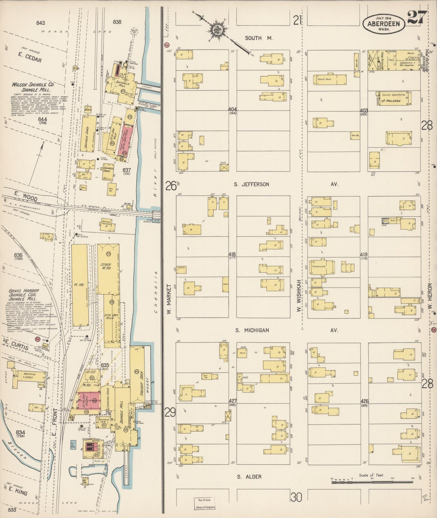 Sanborn Fire Insurance Map from Aberdeen, Grays Harbor County, Washington (1914), Sheet #0027 - Historic Sanborn Fire Insurance Map Print, vintage old map wall art, antique decor, genealogy gift, Washington Washington map