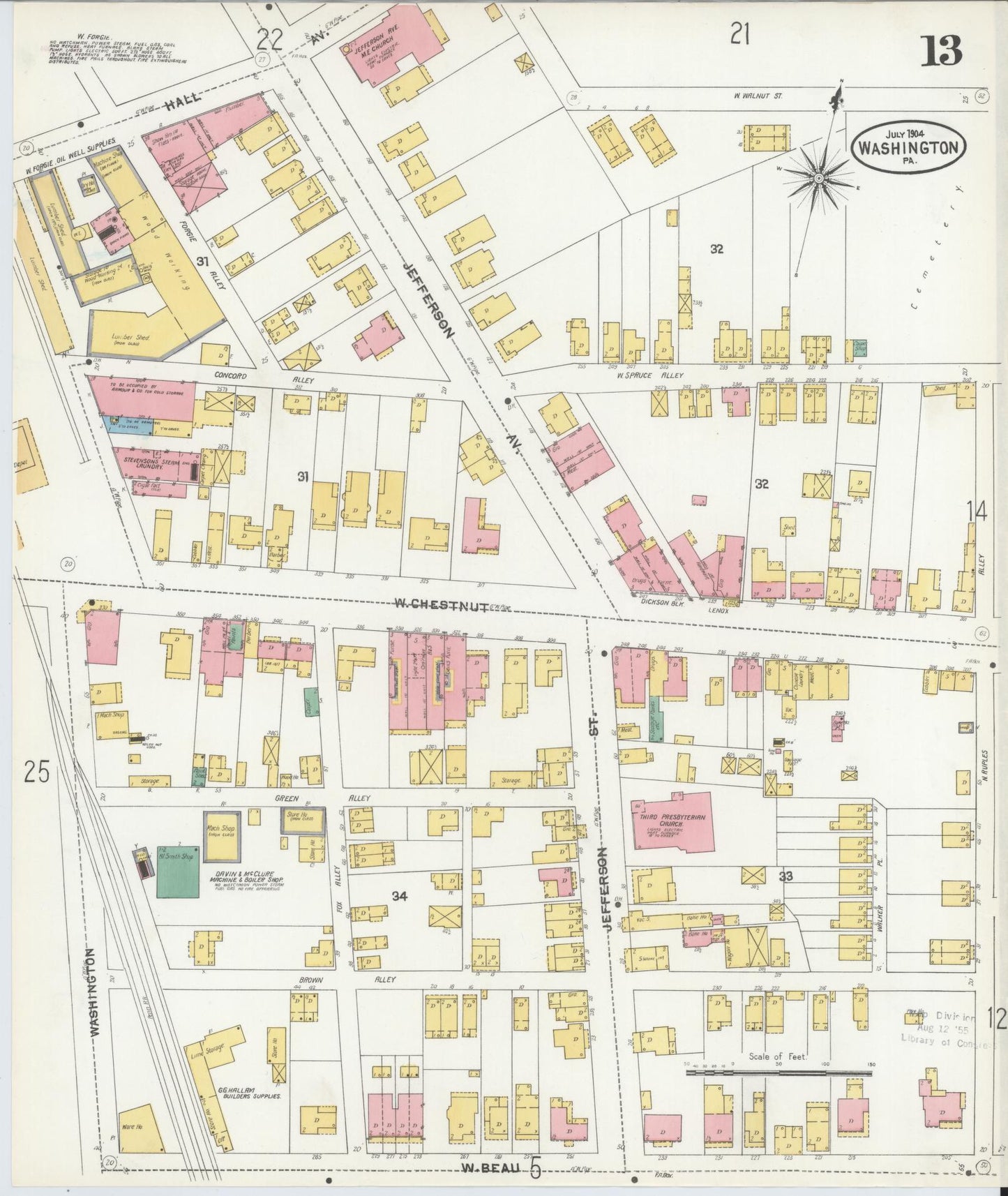 Sanborn Fire Insurance Map from Washington, Washington County, Pennsylvania (1904), Sheet #0013 - Historic Sanborn Fire Insurance Map Print, vintage old map wall art, antique decor, genealogy gift, Sanborn Fire Insurance Map from Washington Washington map