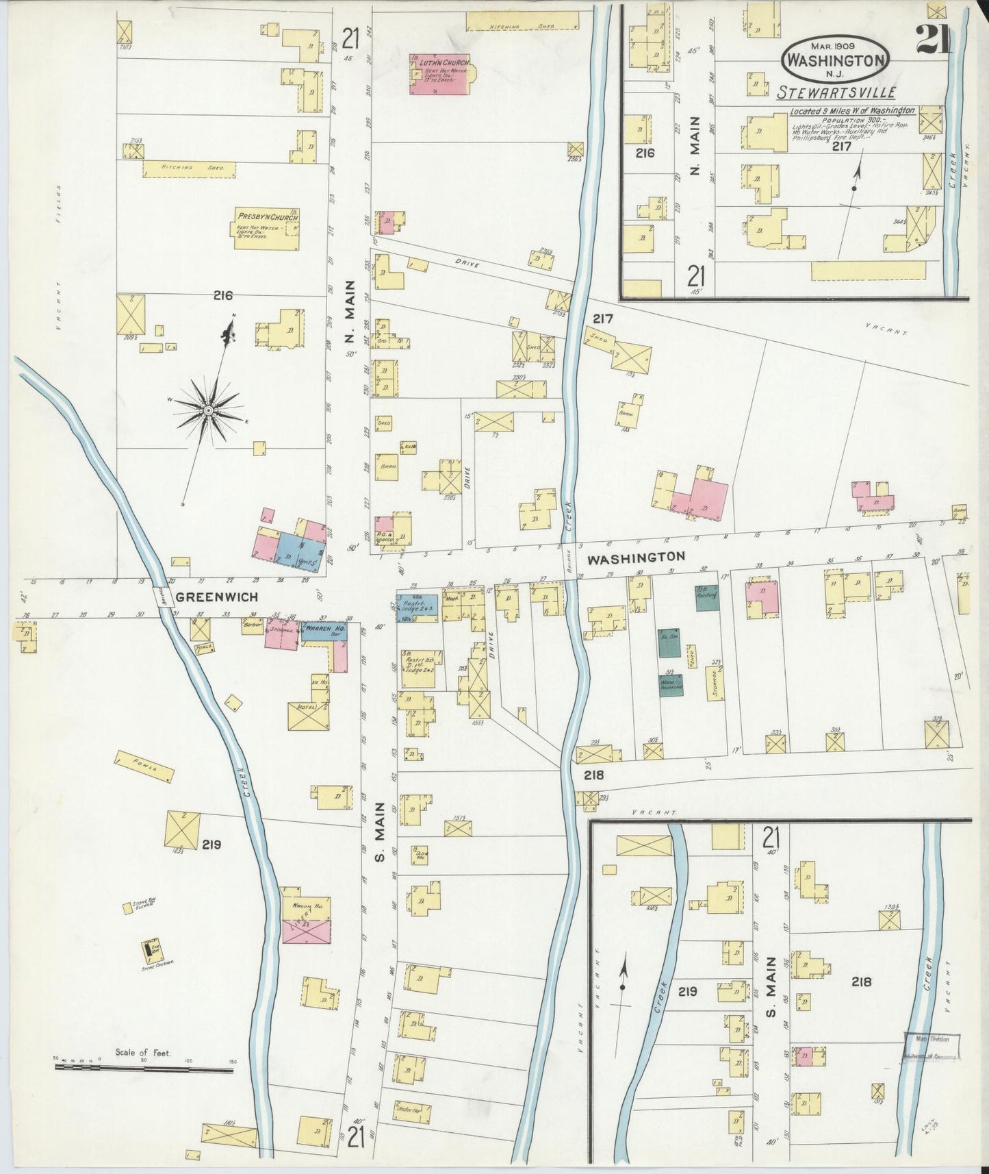 Sanborn Fire Insurance Map from Washington, Warren County, New Jersey (1909), Sheet #0021 - Historic Sanborn Fire Insurance Map Print, vintage old map wall art, antique decor, genealogy gift, Washington Washington map
