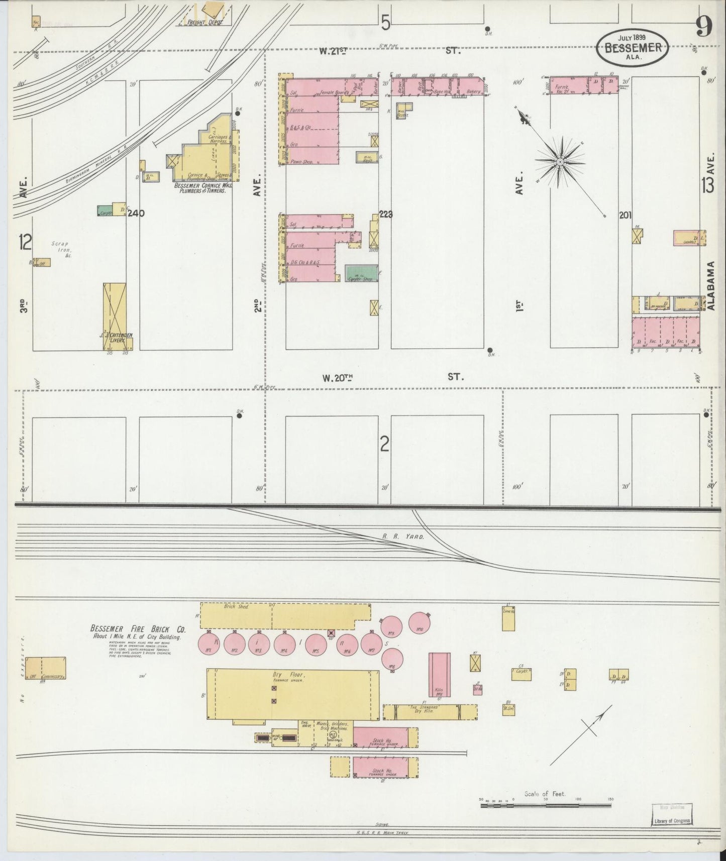 Sanborn Fire Insurance Map from Bessemer, Jefferson County, Alabama (1899), Sheet #0009 - Historic Sanborn Fire Insurance Map Print, vintage old map wall art, antique decor, genealogy gift, Alabama Alabama map