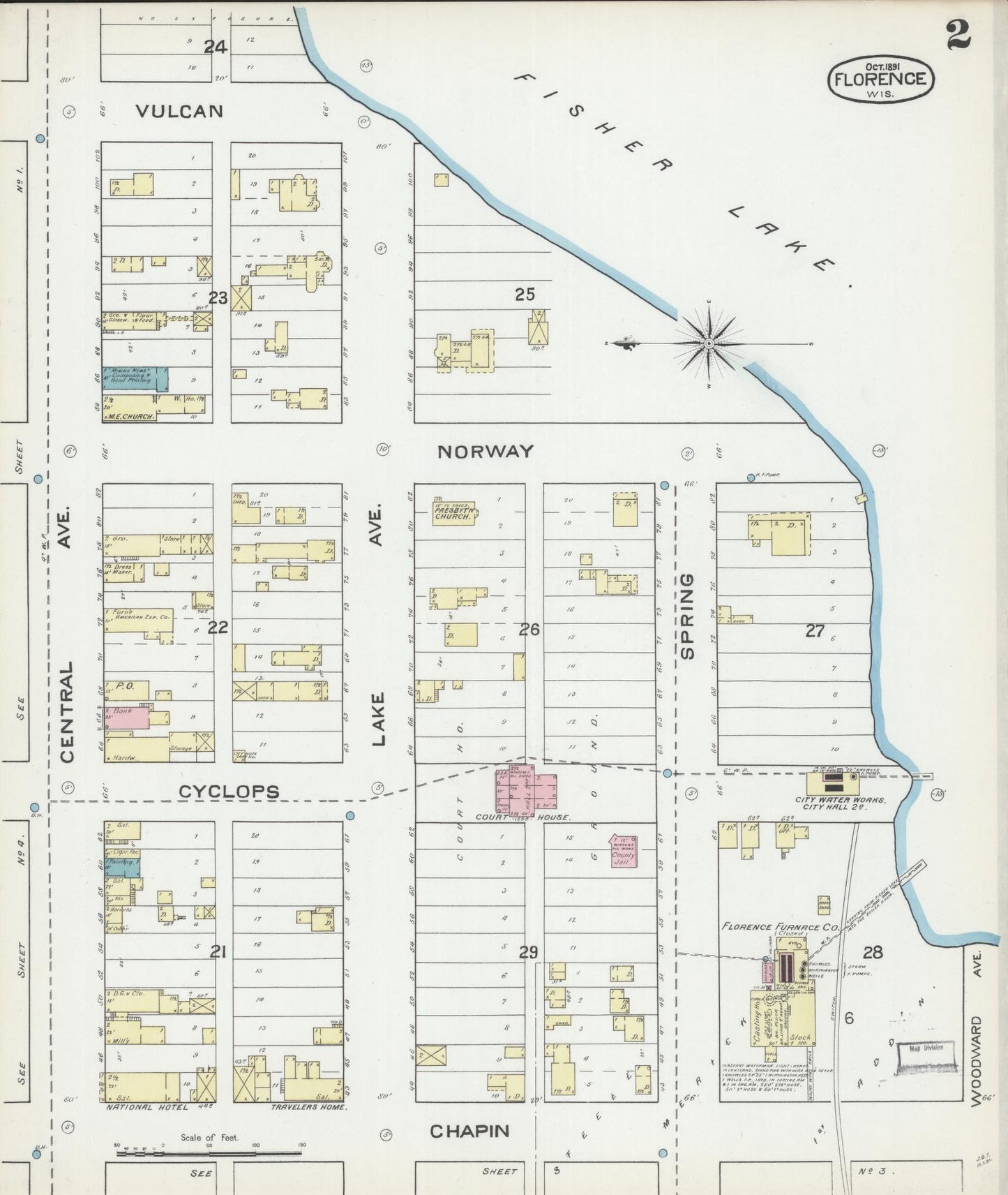 Sanborn Fire Insurance Map from Florence, Florence County, Wisconsin (1891), Sheet #0002 - Historic Sanborn Fire Insurance Map Print, vintage old map wall art, antique decor, genealogy gift, Wisconsin Wisconsin map