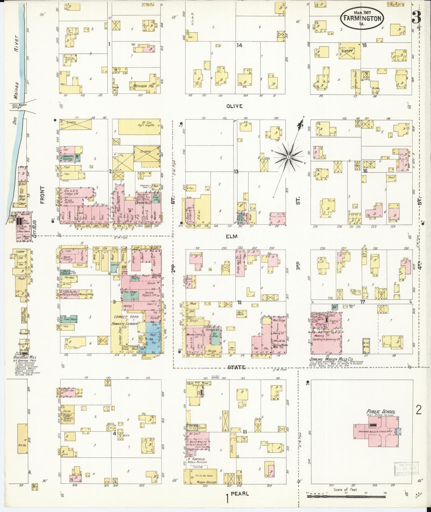 Sanborn Fire Insurance Map from Farmington, Van Buren County, Iowa (1907), Sheet #0003 - Historic Sanborn Fire Insurance Map Print, vintage old map wall art
