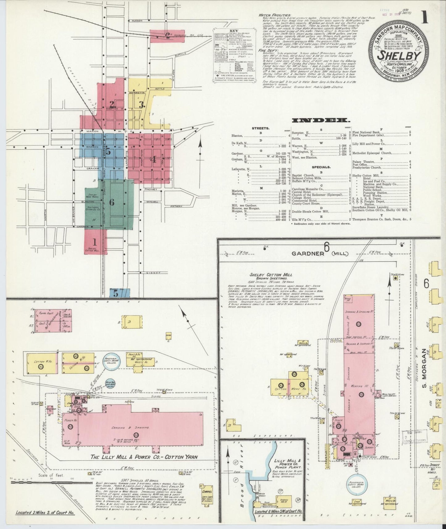 Sanborn Fire Insurance Map from Shelby, Cleveland County, North Carolina (1909), Sheet #0001 - Historic Sanborn Fire Insurance Map Print, vintage old map wall art, antique decor, genealogy gift, North Carolina North Carolina map