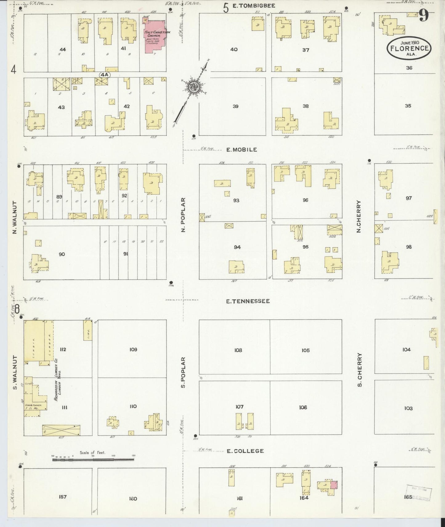 Sanborn Fire Insurance Map from Florence, Lauderdale County, Alabama (1910), Sheet #0009 - Historic Sanborn Fire Insurance Map Print, vintage old map wall art, antique decor, genealogy gift, Alabama Alabama map