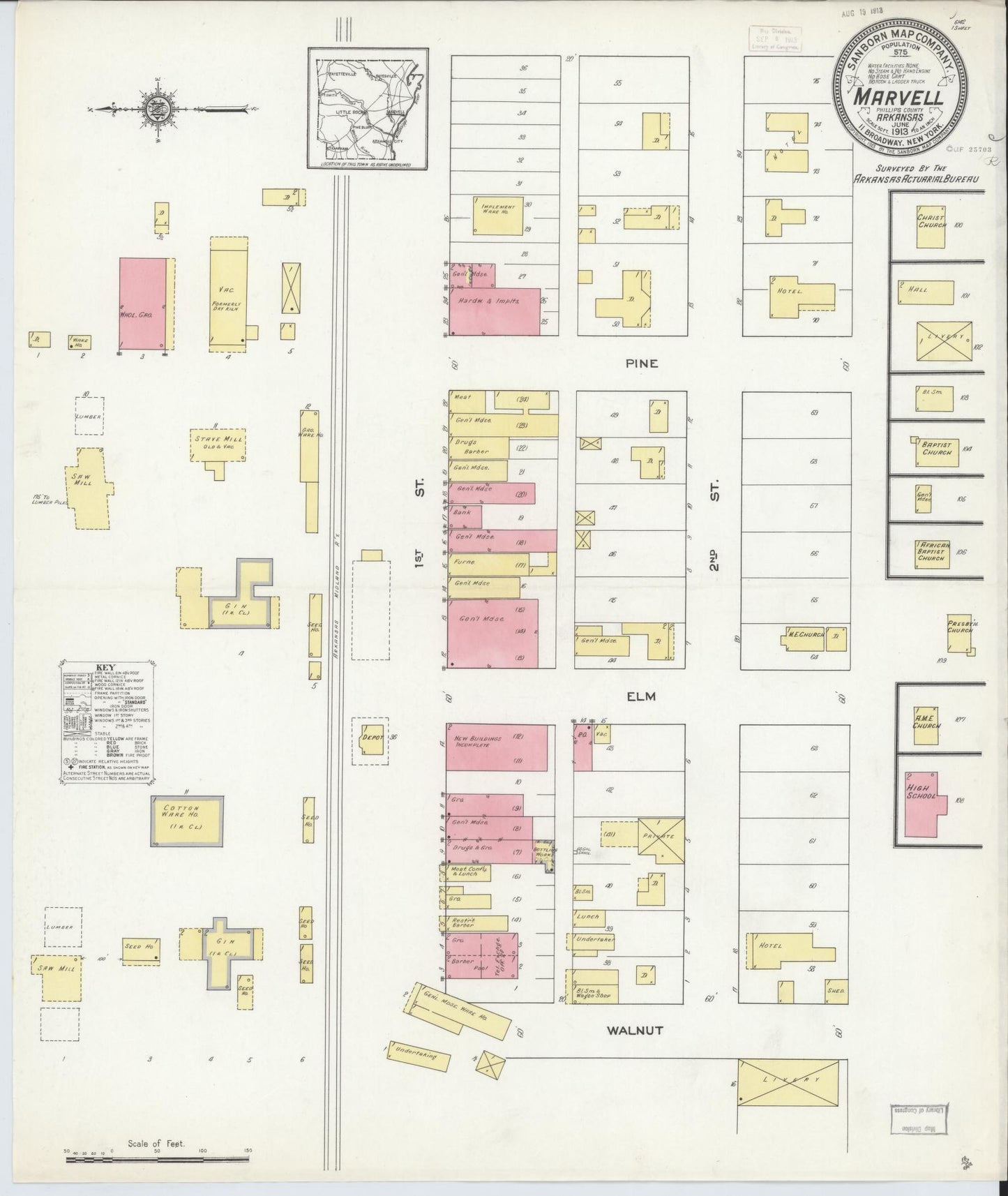 Sanborn Fire Insurance Map from Marvell, Phillips County, Arkansas (1913), Sheet #0001 - Historic Sanborn Fire Insurance Map Print, vintage old map wall art, antique decor, genealogy gift, Arkansas Arkansas map