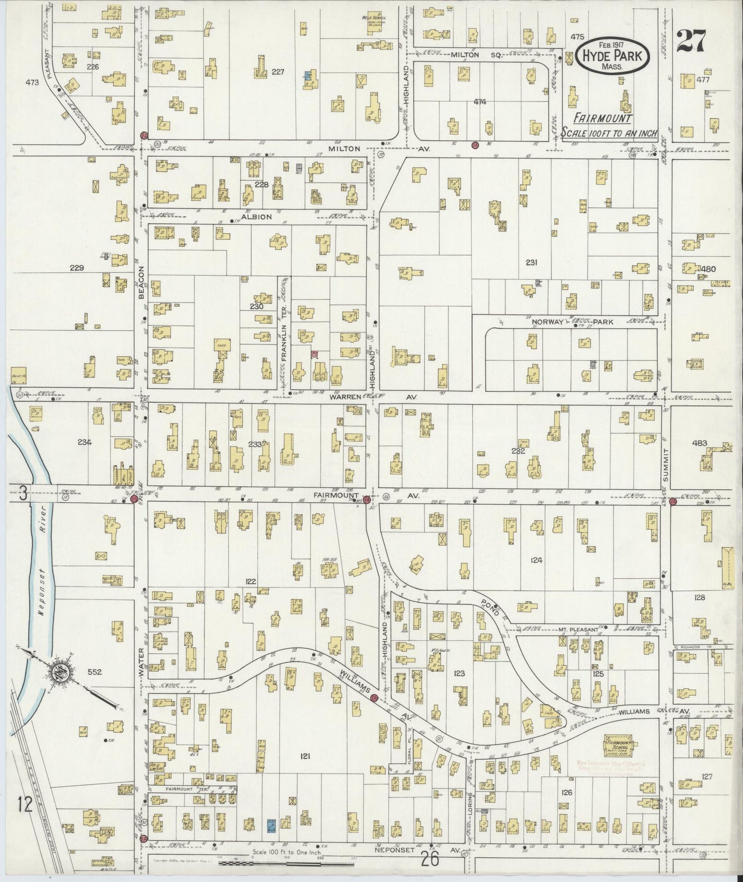 Sanborn Fire Insurance Map from Hyde Park, Norfolk County, Massachusetts (1917), Sheet #0027 - Complete Map Set gallery image, historic Sanborn map, vintage wall art, Massachusetts Massachusetts