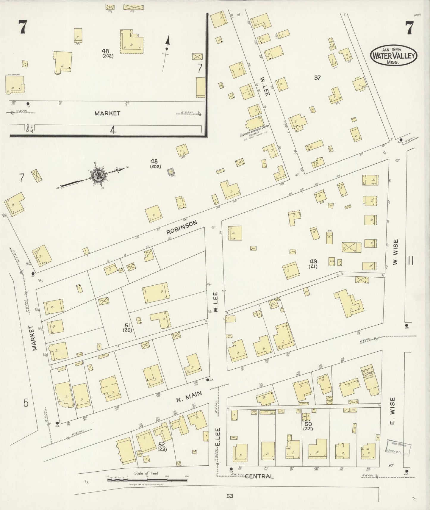 Sanborn Fire Insurance Map from Water Valley, Yalobusha County, Mississippi (1925), Sheet #0007 - Historic Sanborn Fire Insurance Map Print, vintage old map wall art, antique decor, genealogy gift, Mississippi Mississippi map