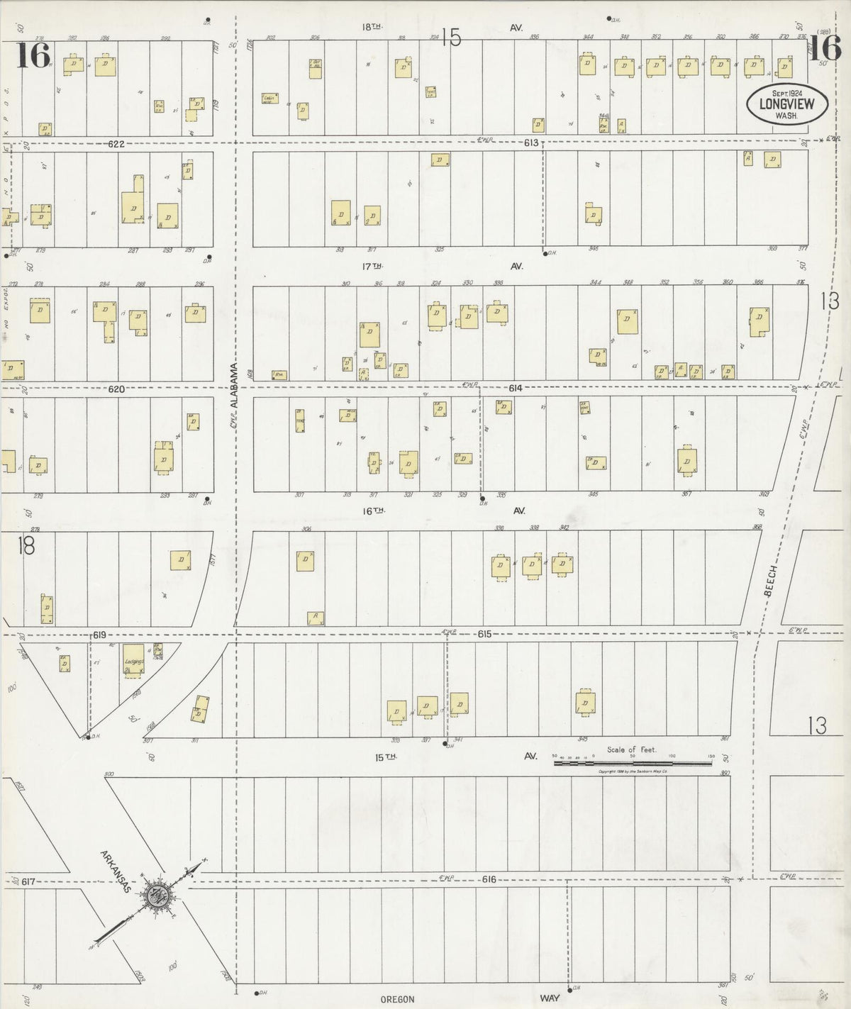 Sanborn Fire Insurance Map from Longview, Cowlitz County, Washington (1924), Sheet #0016 - Historic Sanborn Fire Insurance Map Print, vintage old map wall art, antique decor, genealogy gift, Washington Washington map