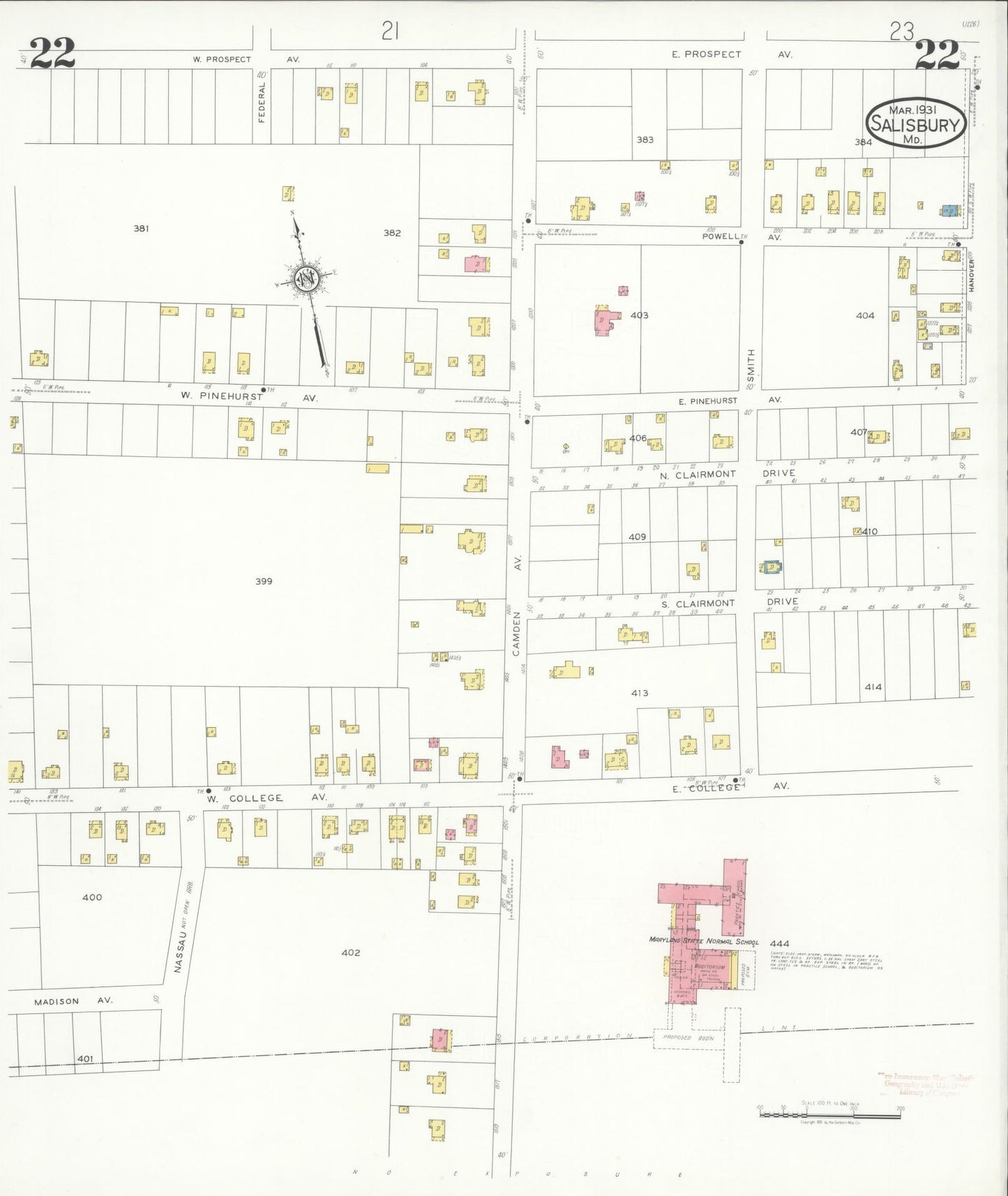 Sanborn Fire Insurance Map from Salisbury, Wicomico County, Maryland (1931), Sheet #0022 - Historic Sanborn Fire Insurance Map Print, vintage old map wall art