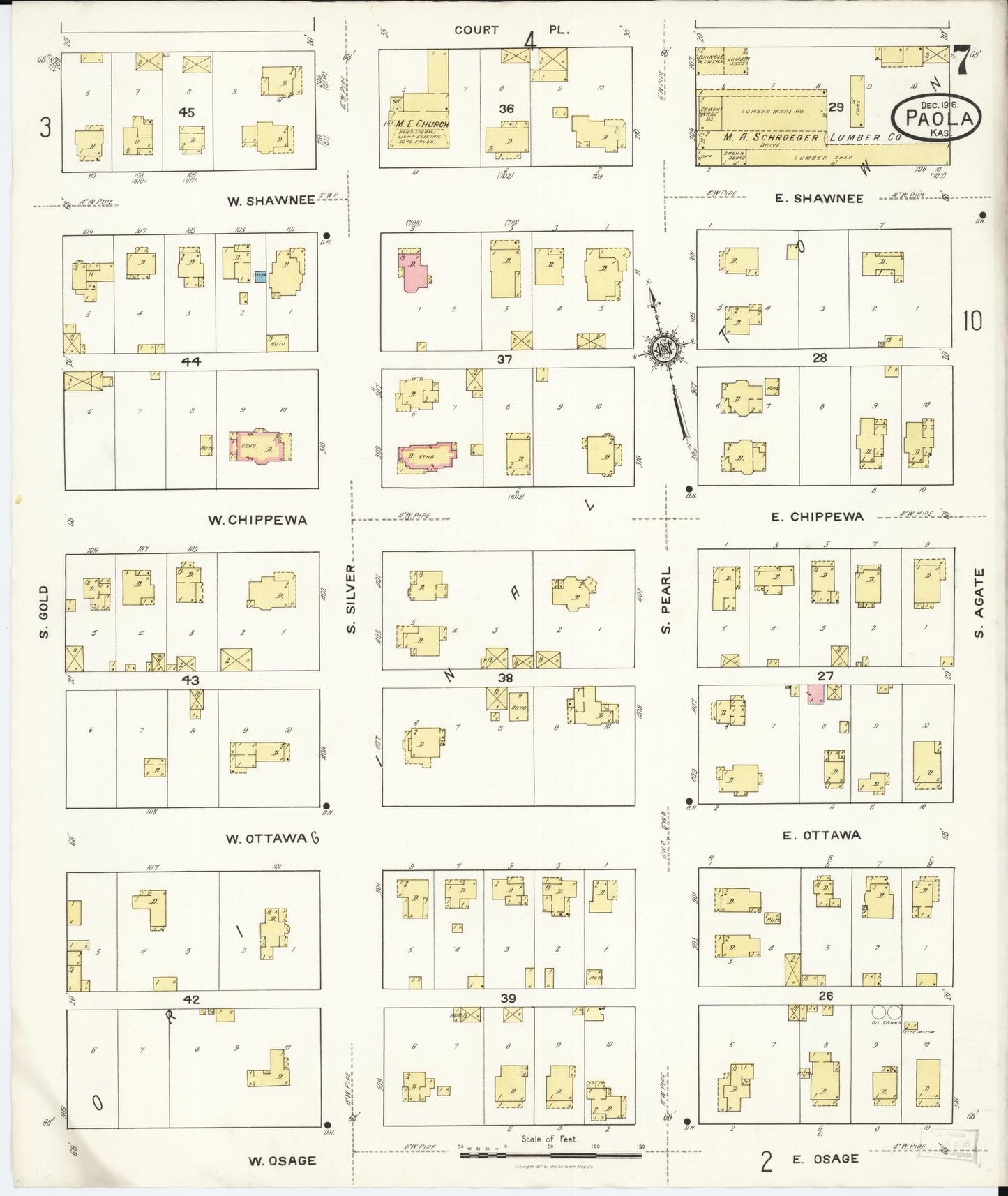 Sanborn Fire Insurance Map from Paola, Miami County, Kansas (1916), Sheet #0007 - Historic Sanborn Fire Insurance Map Print, vintage old map wall art, antique decor, genealogy gift, Kansas Kansas map