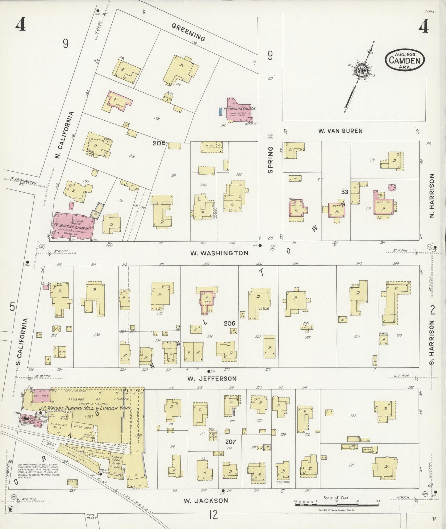 Sanborn Fire Insurance Map from Camden, Ouachita County, Arkansas (1924), Sheet #0004 - Historic Sanborn Fire Insurance Map Print, vintage old map wall art, antique decor, genealogy gift, Arkansas Arkansas map