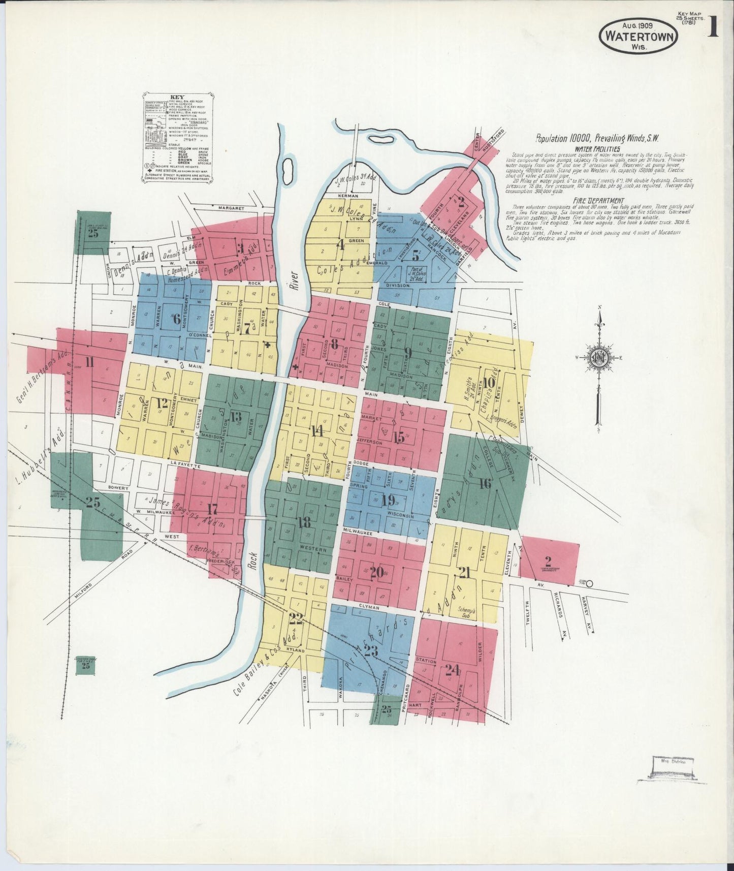 Sanborn Fire Insurance Map from Watertown, Jefferson County, Wisconsin (1909), Sheet #0001 - Historic Sanborn Fire Insurance Map Print, vintage old map wall art, antique decor, genealogy gift, Wisconsin Wisconsin map