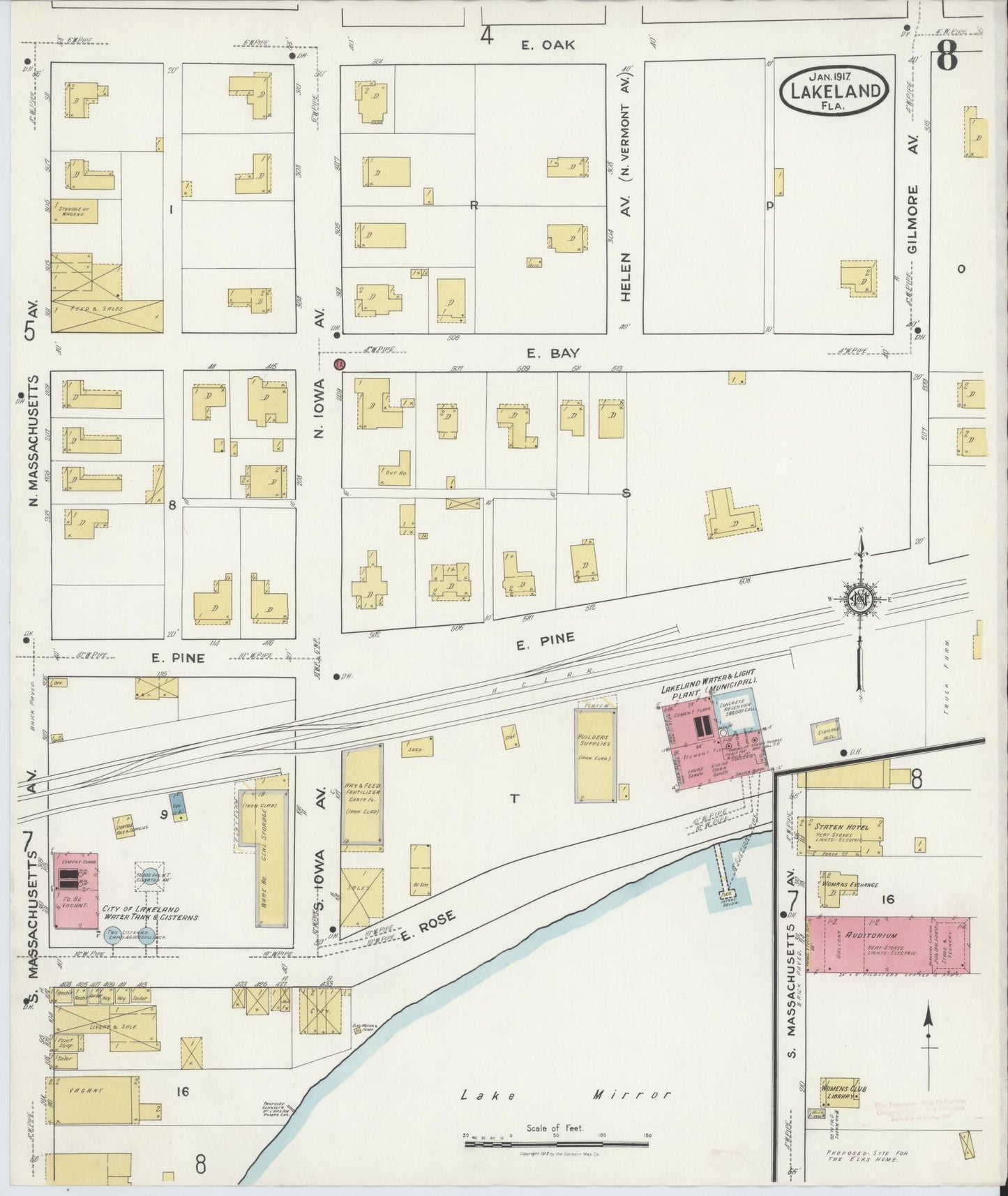Sanborn Fire Insurance Map from Lakeland, Polk County, Florida (1917), Sheet #0008 - Historic Sanborn Fire Insurance Map Print, vintage old map wall art, antique decor, genealogy gift, Florida Florida map
