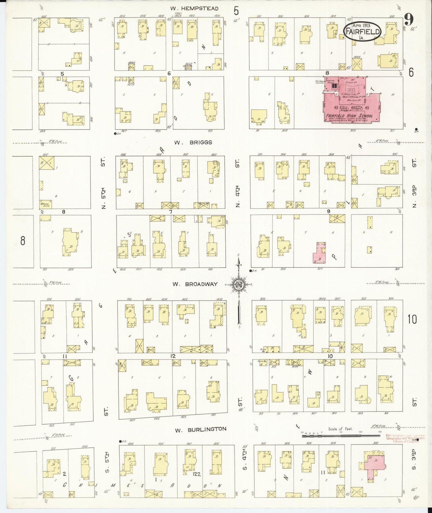 Sanborn Fire Insurance Map from Fairfield, Jefferson County, Iowa (1913), Sheet #0009 - Historic Sanborn Fire Insurance Map Print, vintage old map wall art