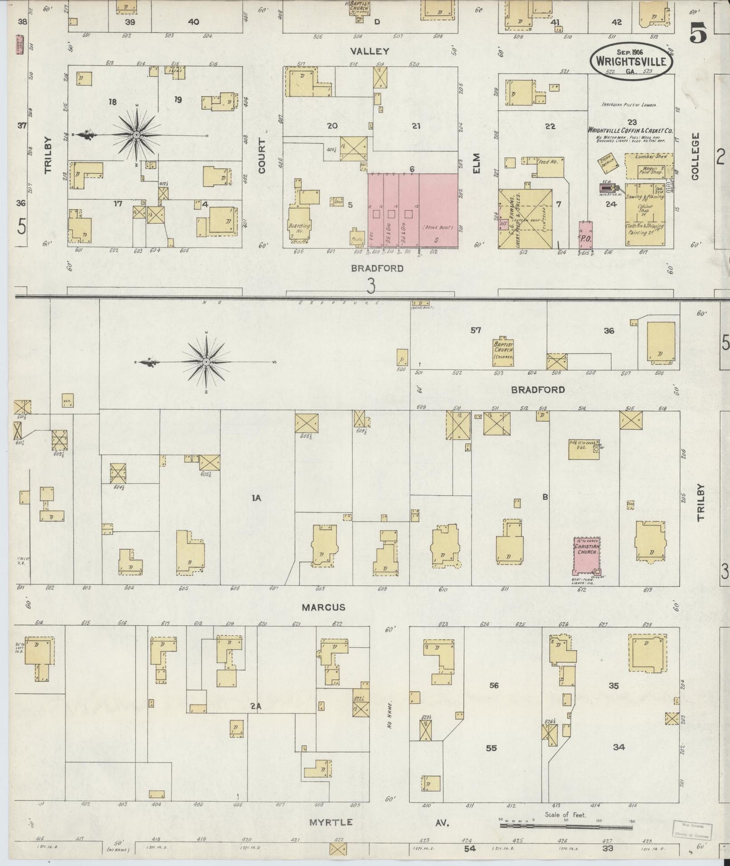 Sanborn Fire Insurance Map from Wrightsville, Johnson County, Georgia (1906), Sheet #0005 - Historic Sanborn Fire Insurance Map Print, vintage old map wall art, antique decor, genealogy gift, Georgia Georgia map