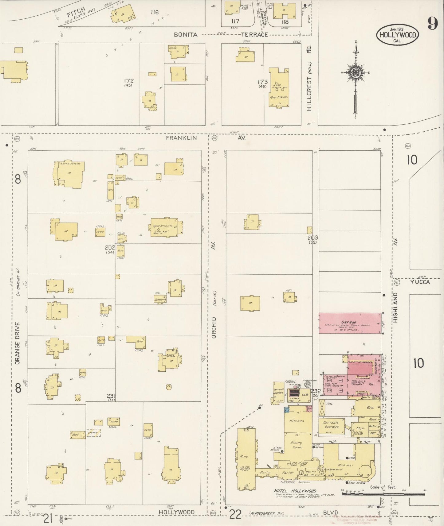 Sanborn Fire Insurance Map from Hollywood, Los Angeles County, California (1913), Sheet #0009 - Historic Sanborn Fire Insurance Map Print, vintage old map wall art, antique decor, genealogy gift, California California map