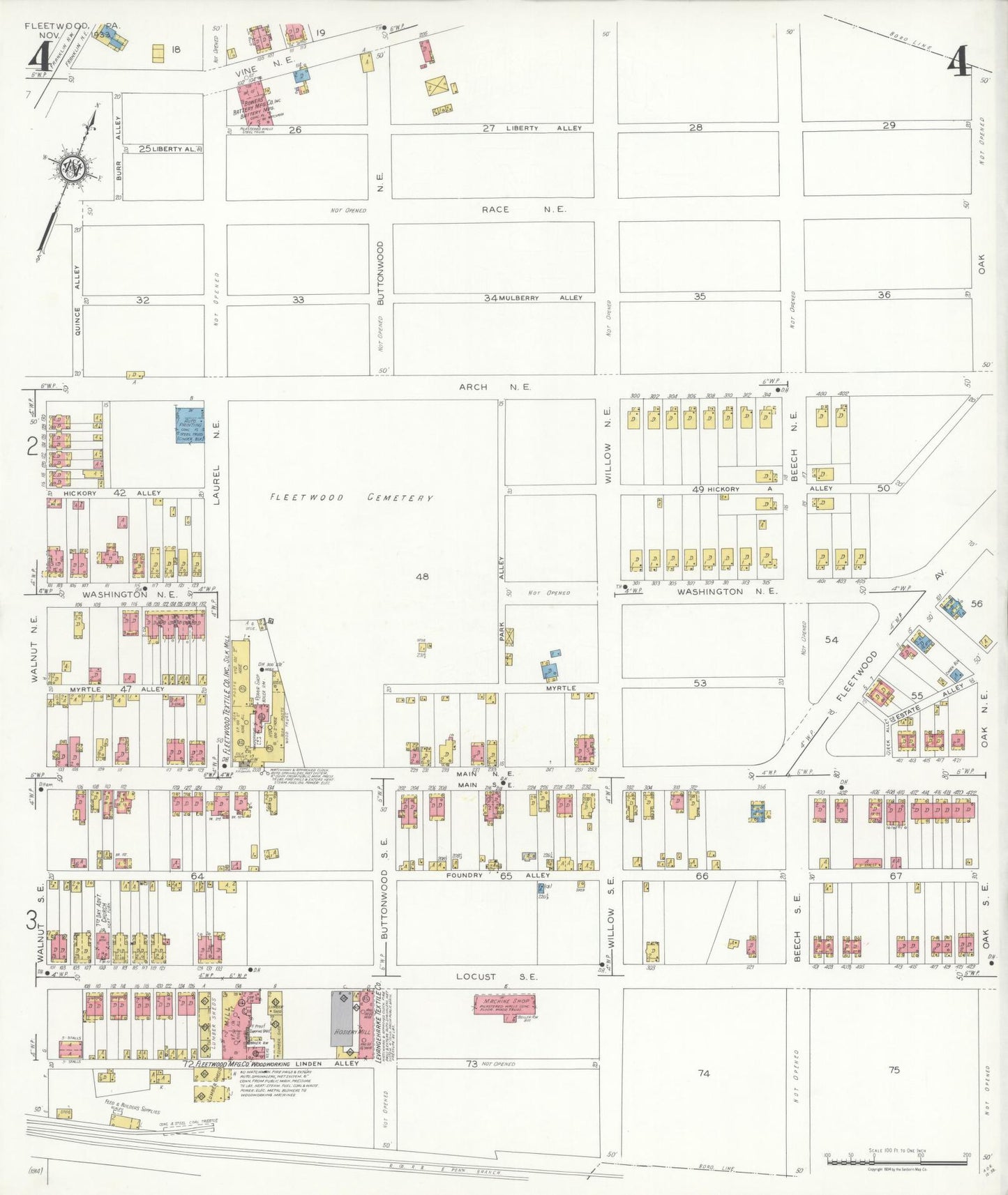 Sanborn Fire Insurance Map from Fleetwood, Berks County, Pennsylvania (1933), Sheet #0004 - Historic Sanborn Fire Insurance Map Print, vintage old map wall art, antique decor, genealogy gift, Pennsylvania Pennsylvania map