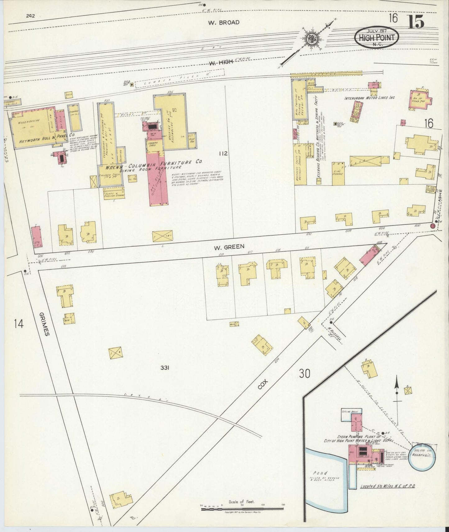 Sanborn Fire Insurance Map from High Point, Guilford County, North Carolina (1917), Sheet #0015 - Historic Sanborn Fire Insurance Map Print, vintage old map wall art, antique decor, genealogy gift, North Carolina North Carolina map