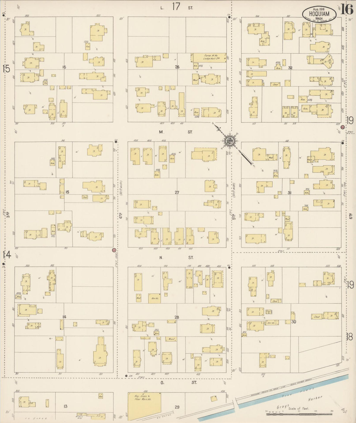 Sanborn Fire Insurance Map from Hoquiam, Grays Harbor County, Washington (1916), Sheet #0016 - Historic Sanborn Fire Insurance Map Print, vintage old map wall art, antique decor, genealogy gift, Washington Washington map