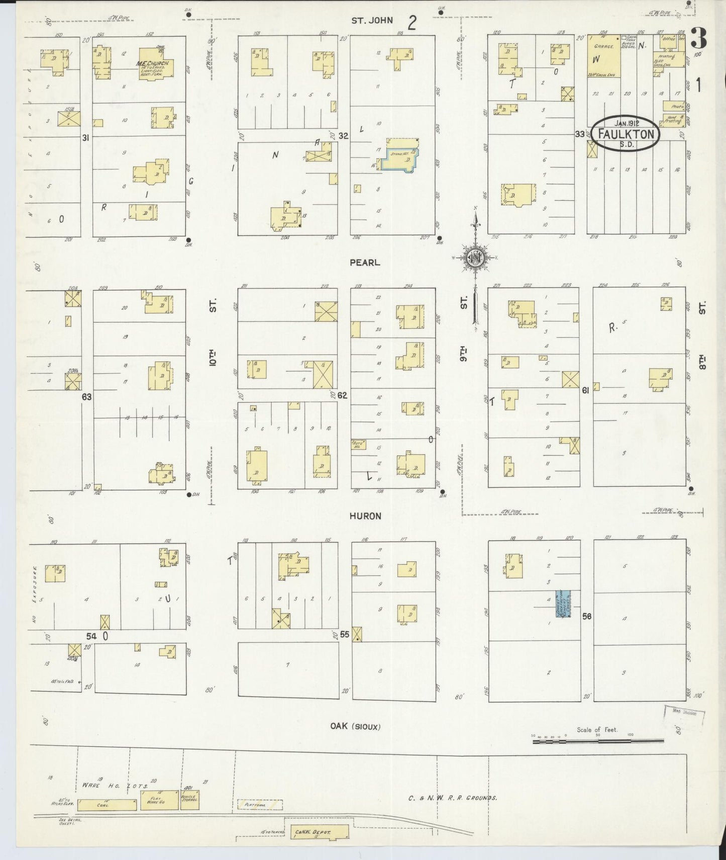 Sanborn Fire Insurance Map from Faulkton, Faulk County, South Dakota (1912), Sheet #0003 - Historic Sanborn Fire Insurance Map Print, vintage old map wall art, antique decor, genealogy gift, South Dakota South Dakota map