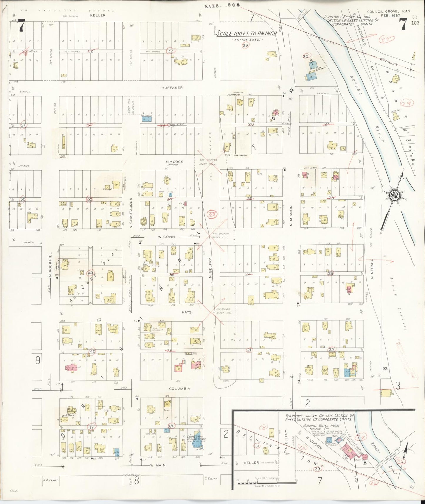 Sanborn Fire Insurance Map from Council Grove, Morris County, Kansas (1944), Sheet #0007 - Historic Sanborn Fire Insurance Map Print, vintage old map wall art, antique decor, genealogy gift, Kansas Kansas map